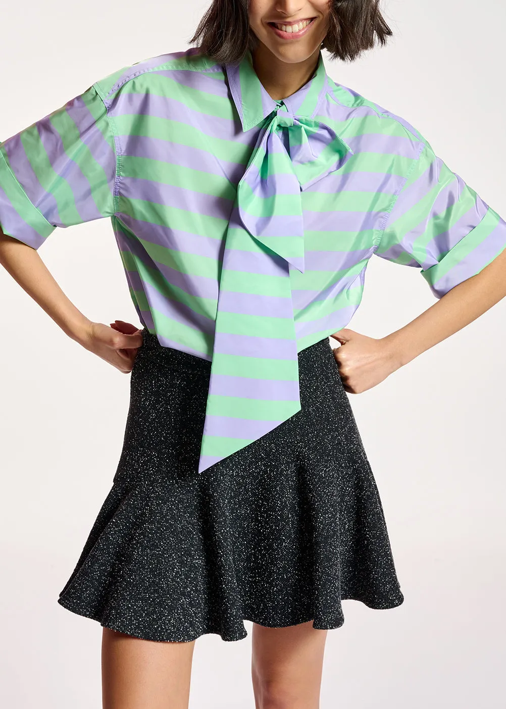 Lilac and mint green striped shirt with pussy bow