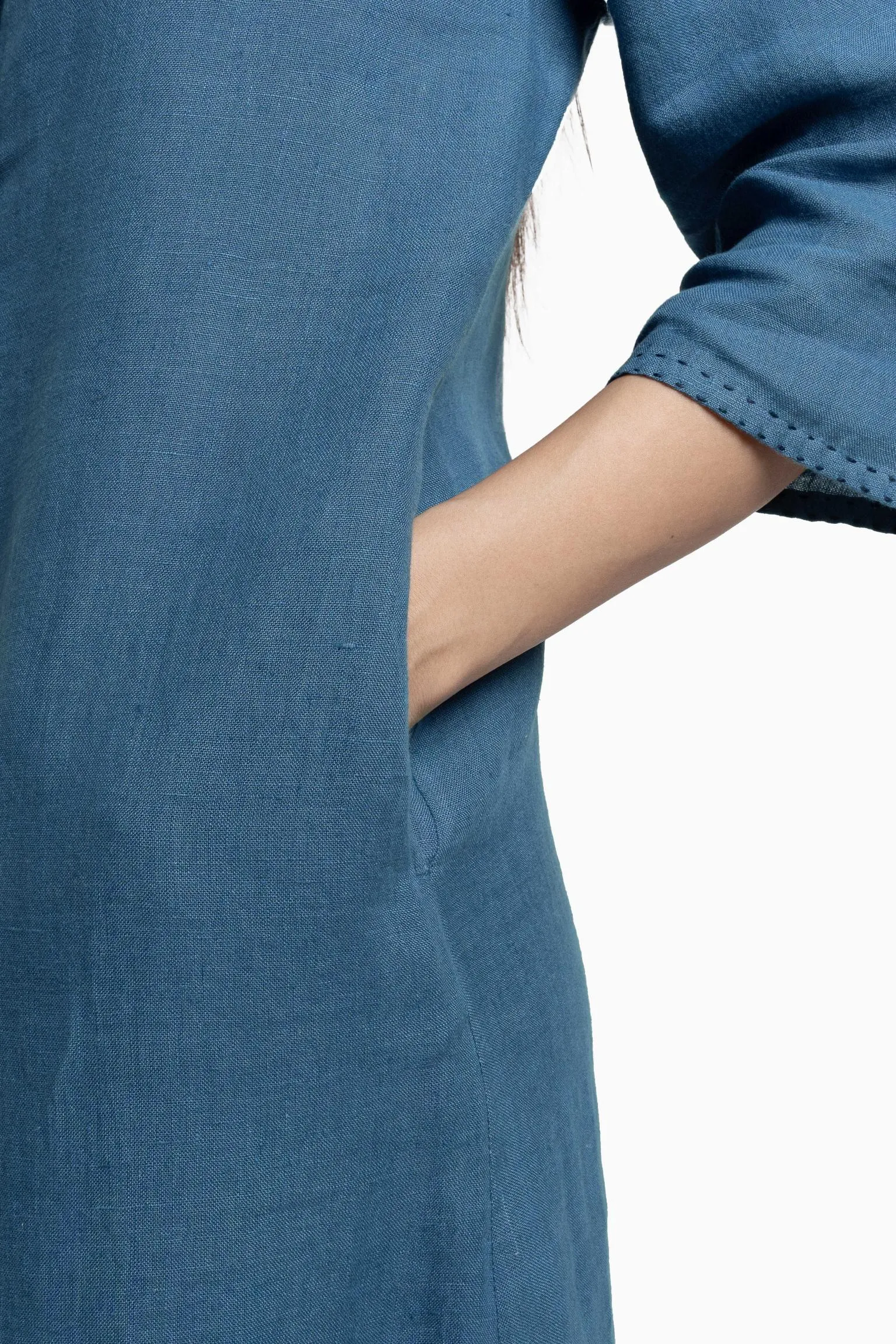 Linen Drizzle Shirt Dress-Midnight Green