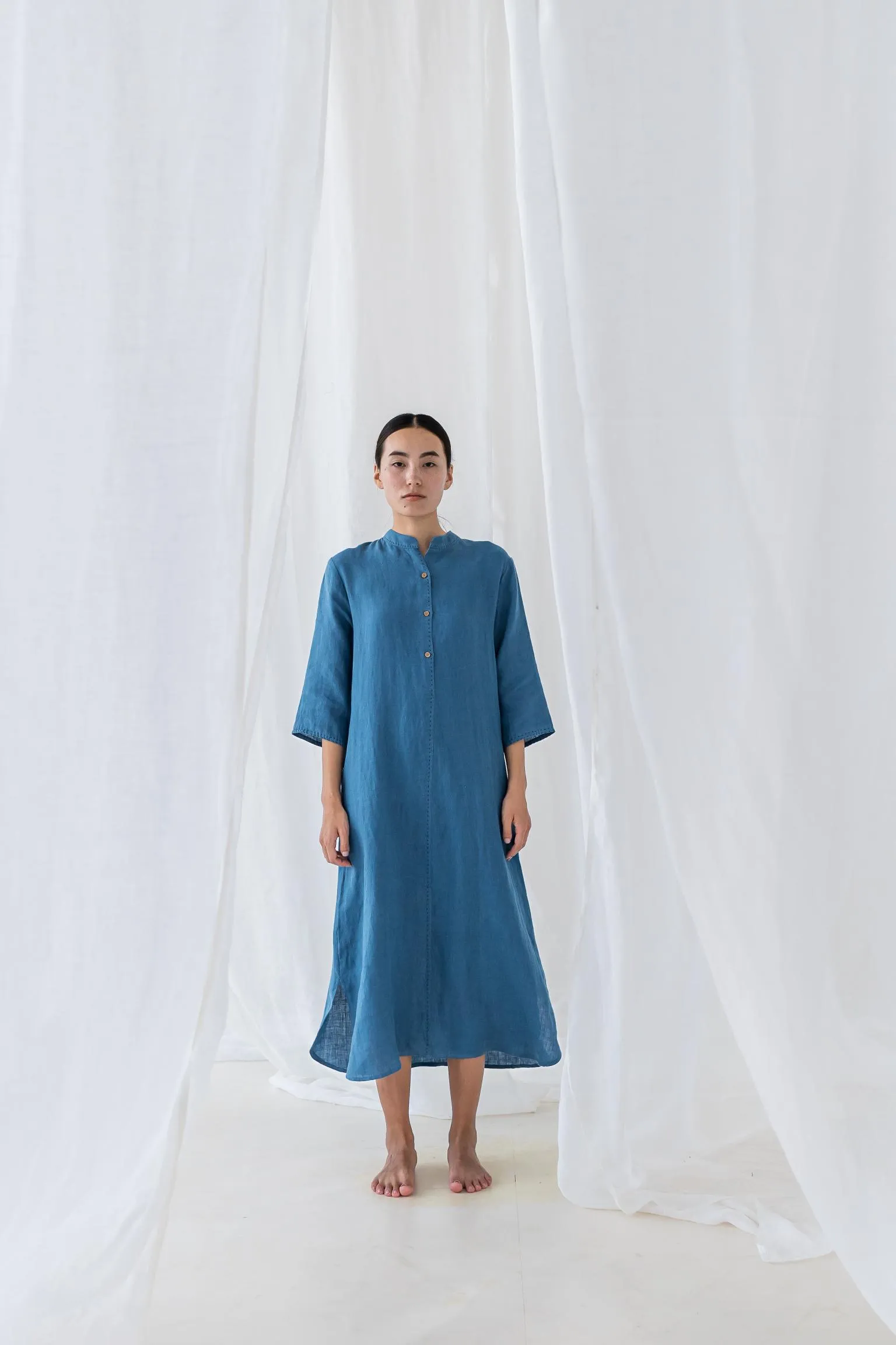 Linen Drizzle Shirt Dress-Midnight Green
