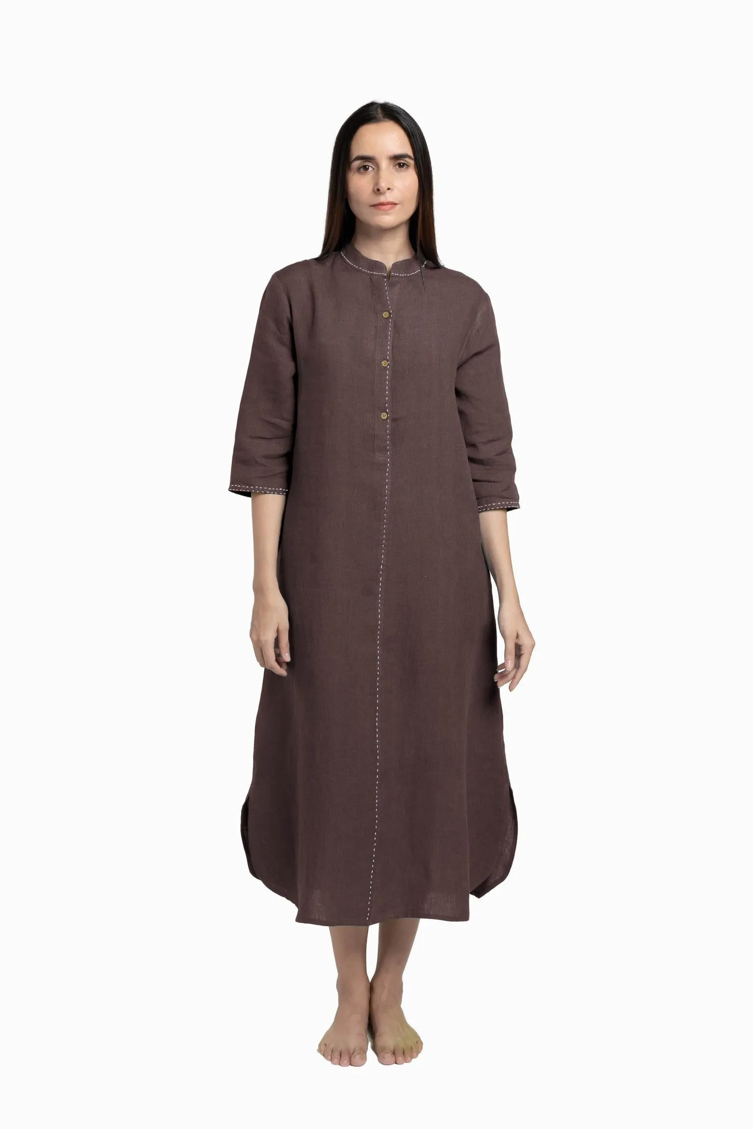 Linen Drizzle Shirt Dress-Midnight Green