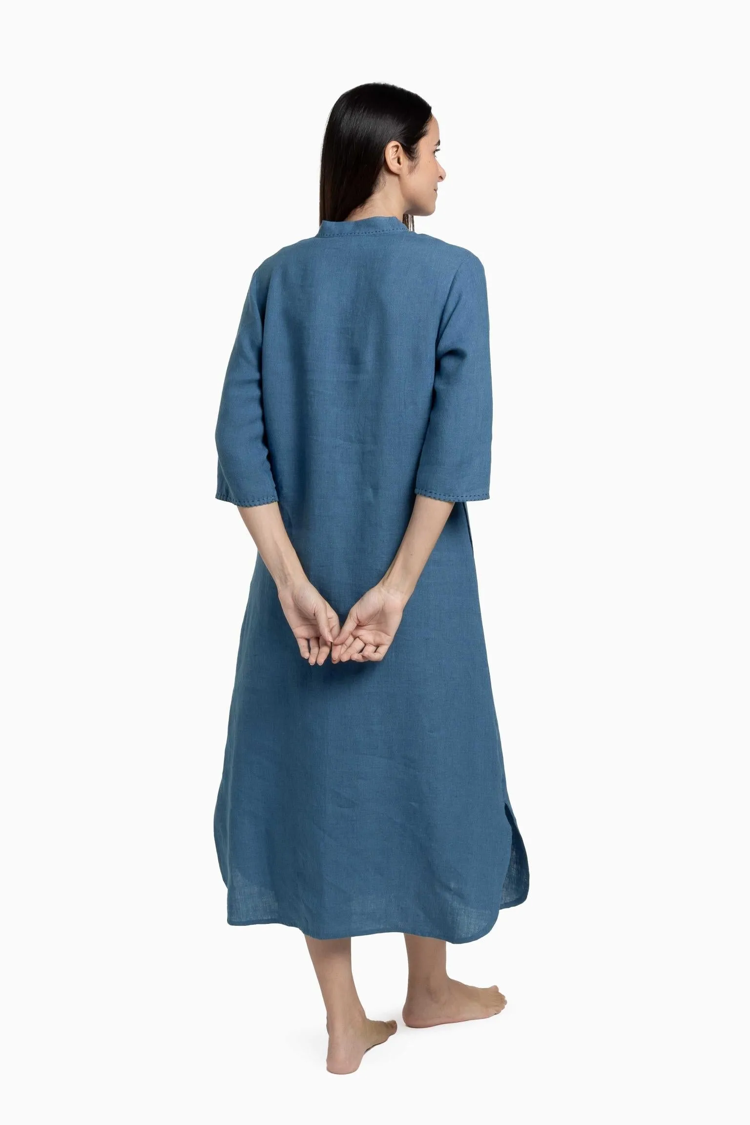 Linen Drizzle Shirt Dress-Midnight Green