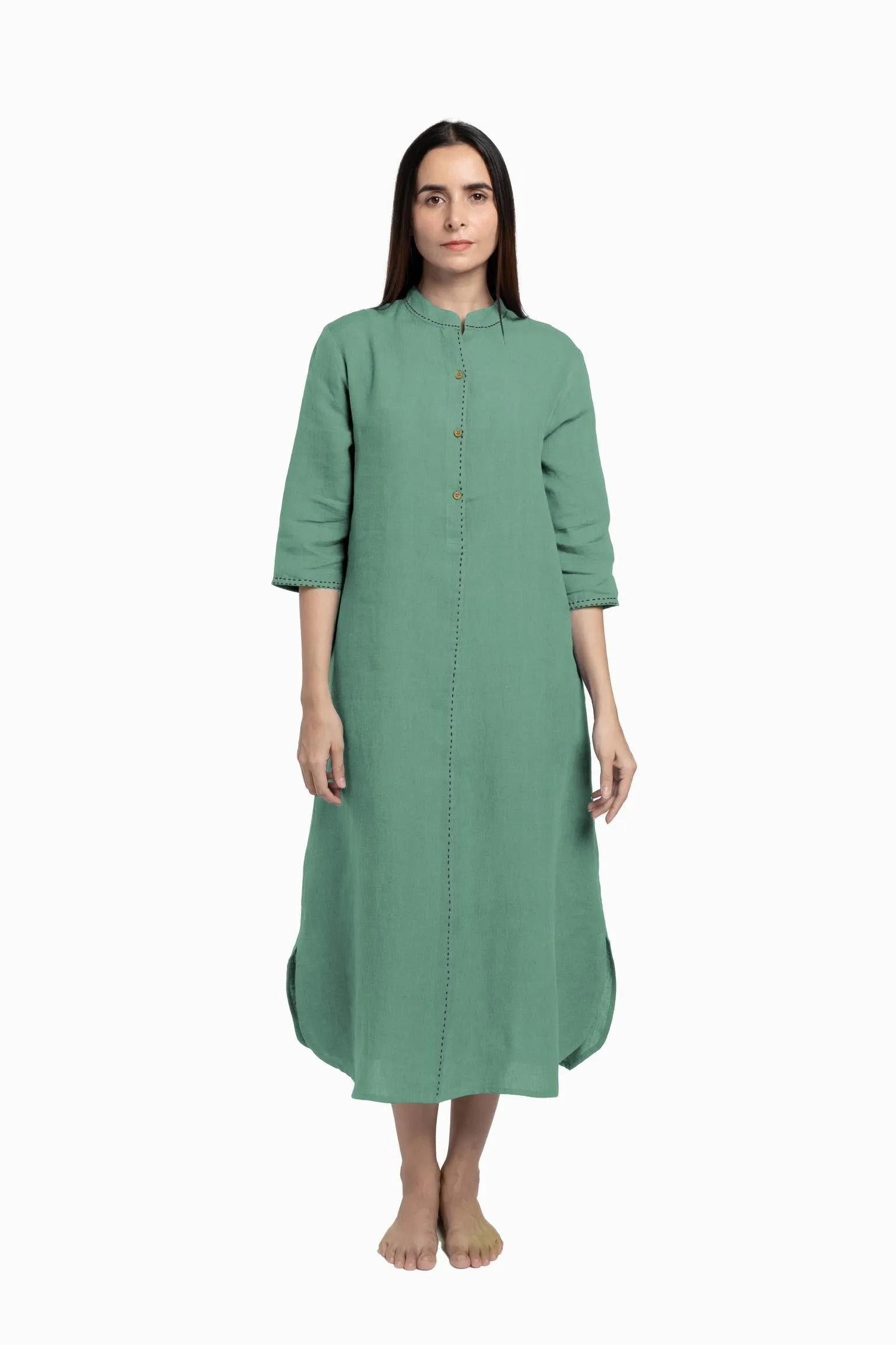 Linen Drizzle Shirt Dress-Midnight Green