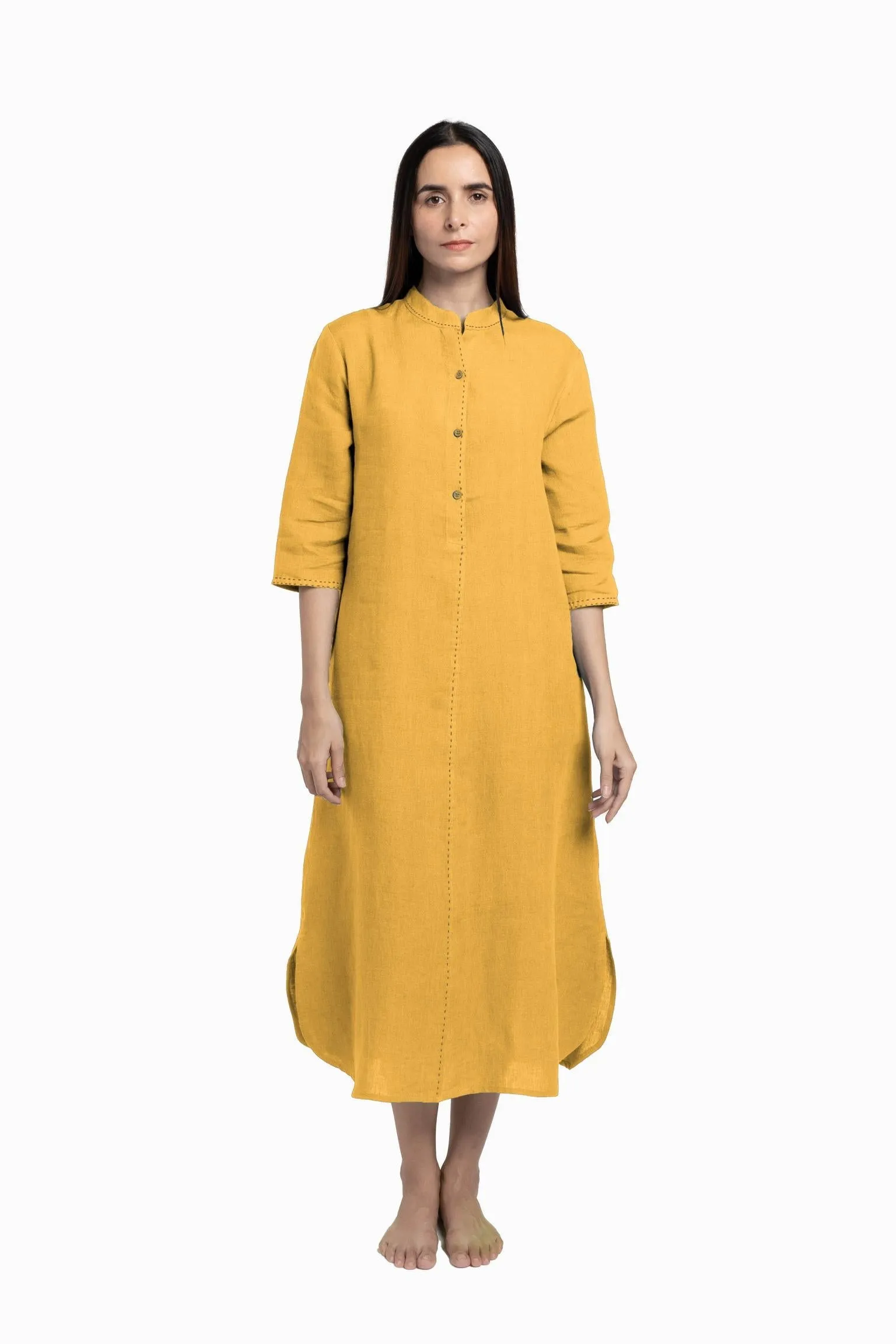 Linen Drizzle Shirt Dress-Midnight Green