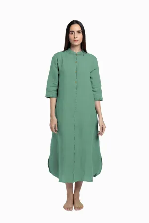 Linen Drizzle Shirt Dress-Midnight Green