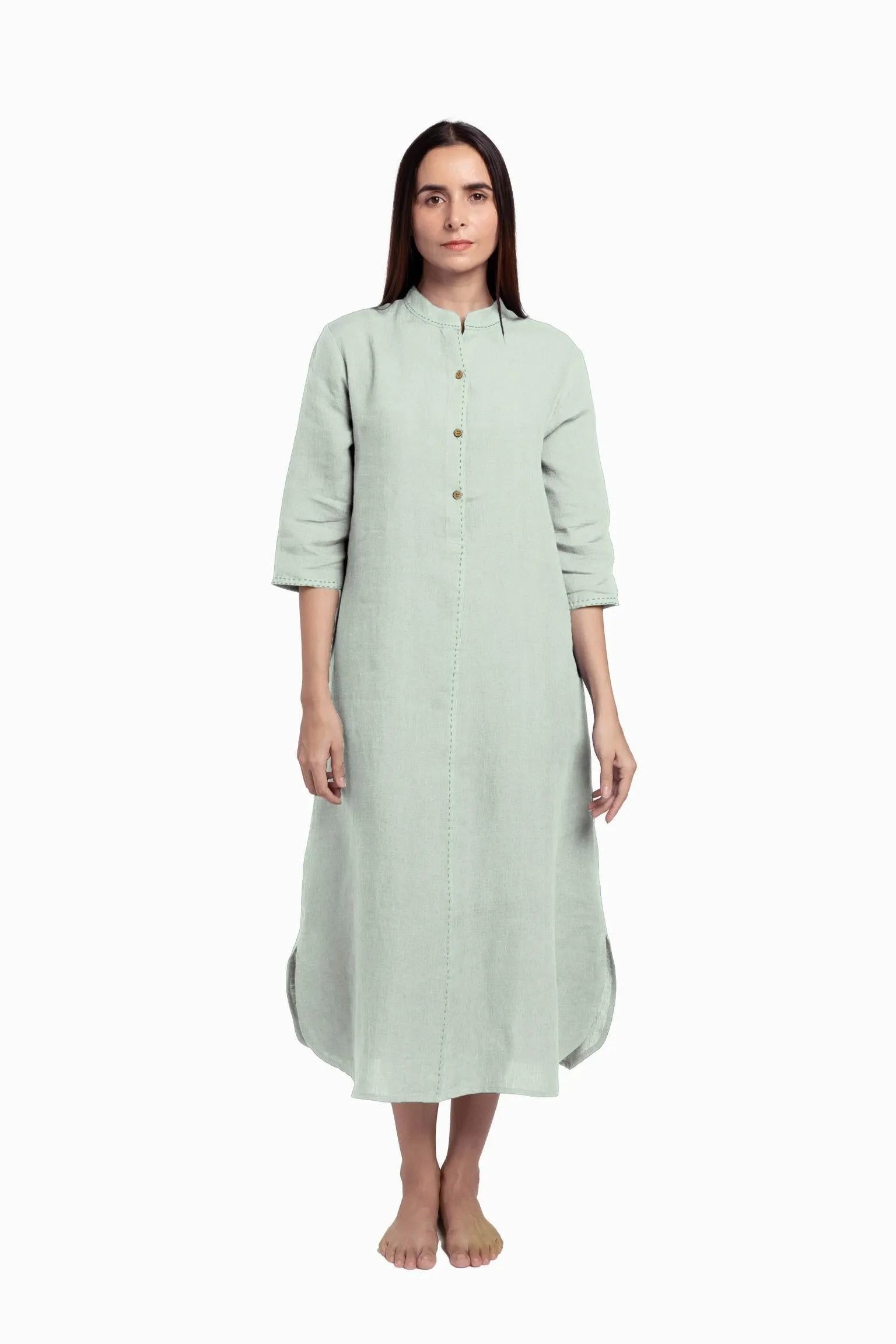Linen Drizzle Shirt Dress-Midnight Green