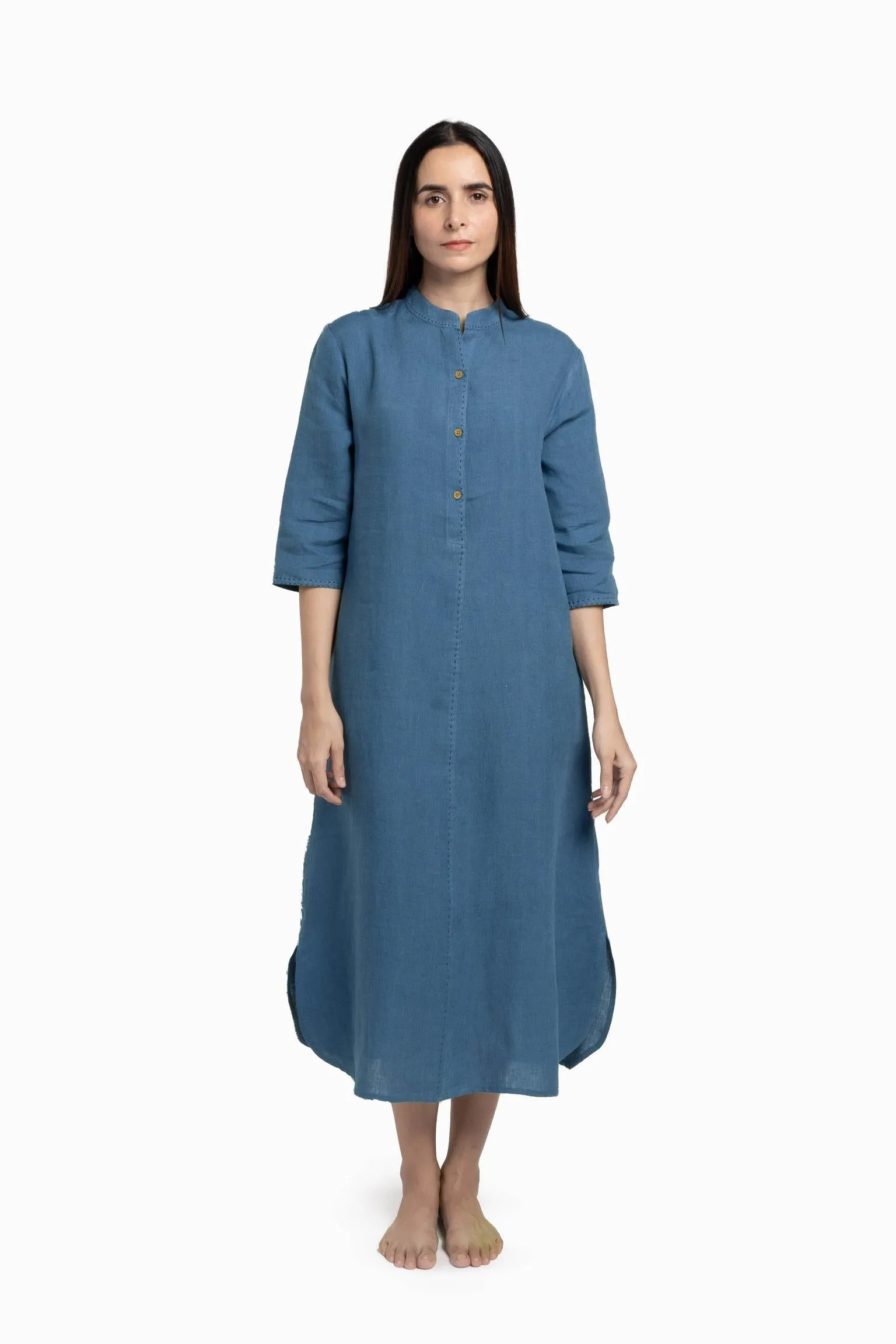 Linen Drizzle Shirt Dress-Midnight Green