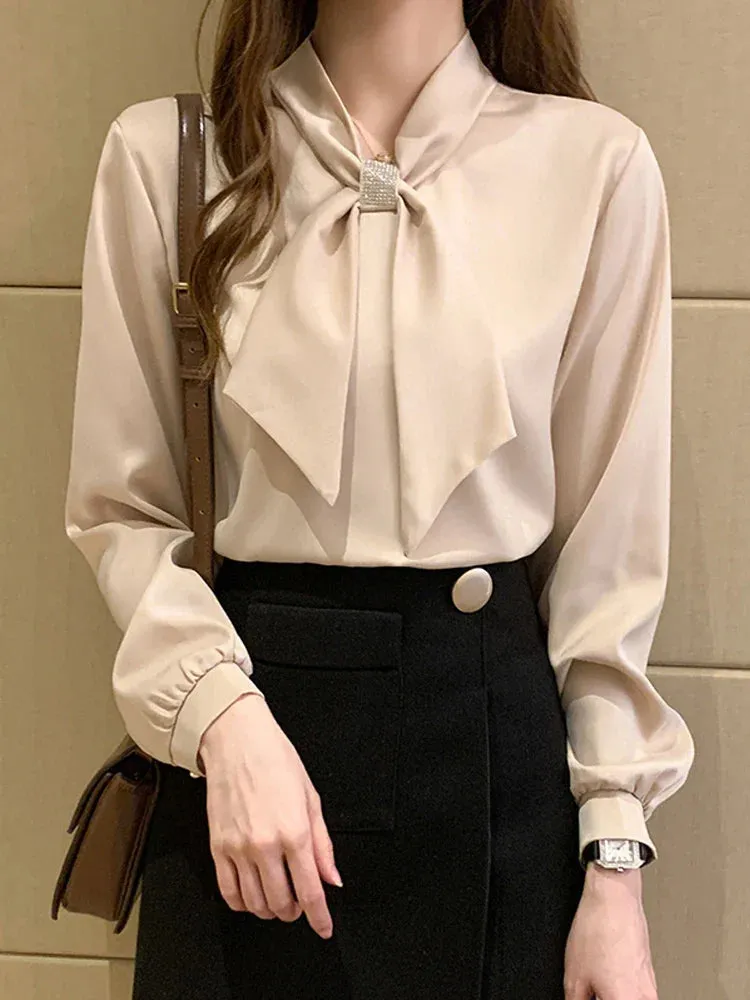 Long Sleeve Blouse Women Bow Collar Chiffon Blouse Shirt Tops Women Blouses Shirts