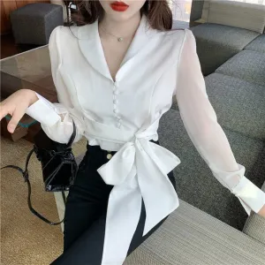 Long Sleeve Lapel Collar Cute Bow Office Blouse Shirt