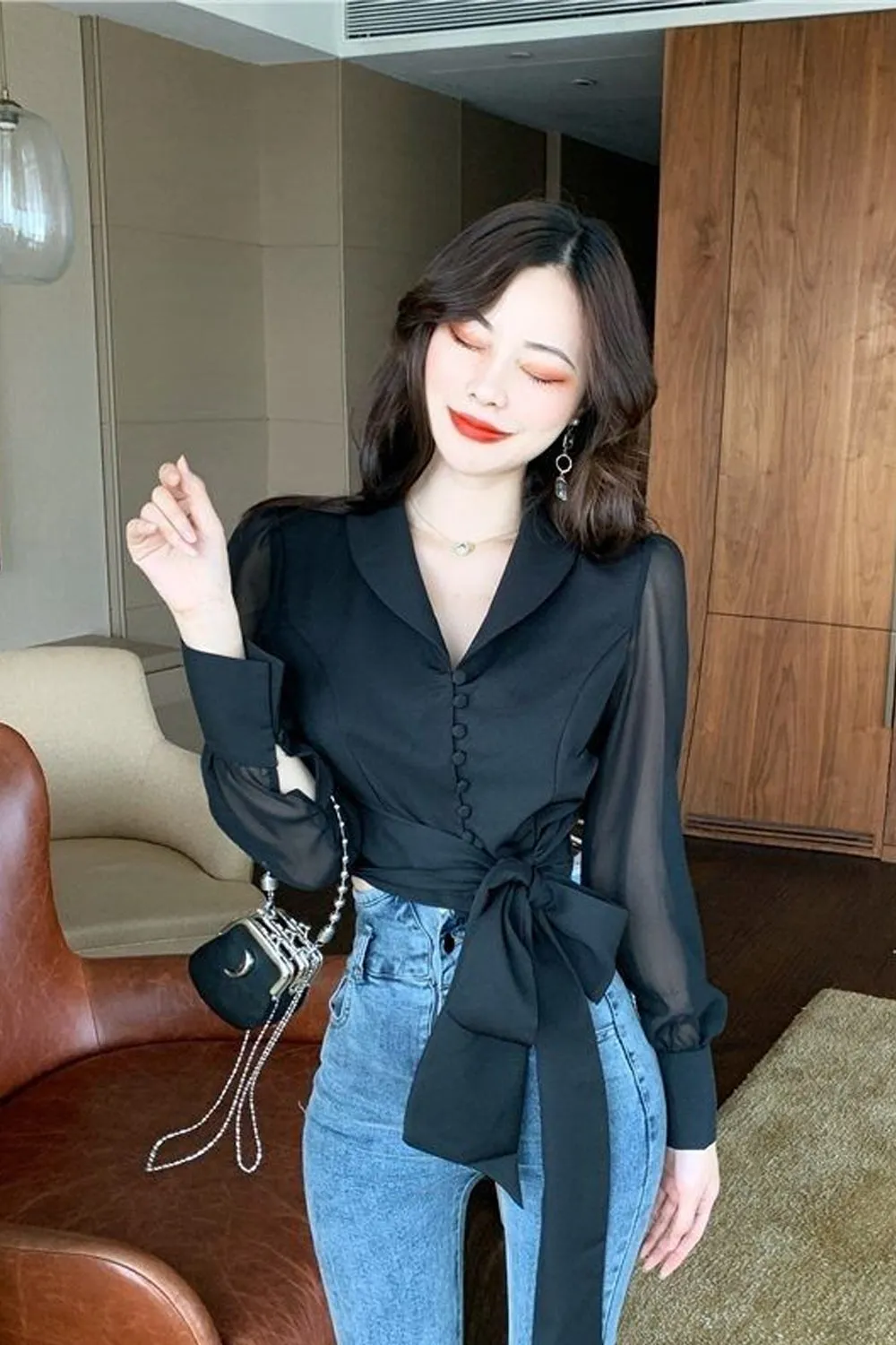 Long Sleeve Lapel Collar Cute Bow Office Blouse Shirt
