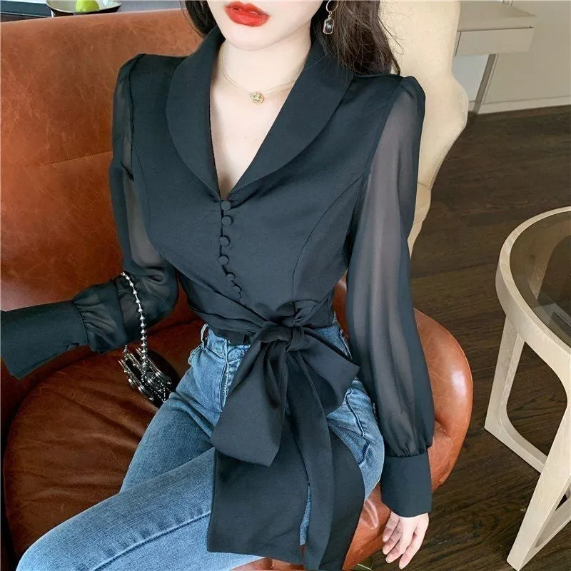 Long Sleeve Lapel Collar Cute Bow Office Blouse Shirt