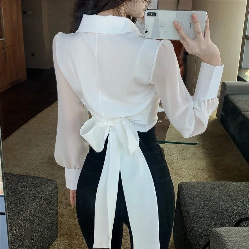 Long Sleeve Lapel Collar Cute Bow Office Blouse Shirt