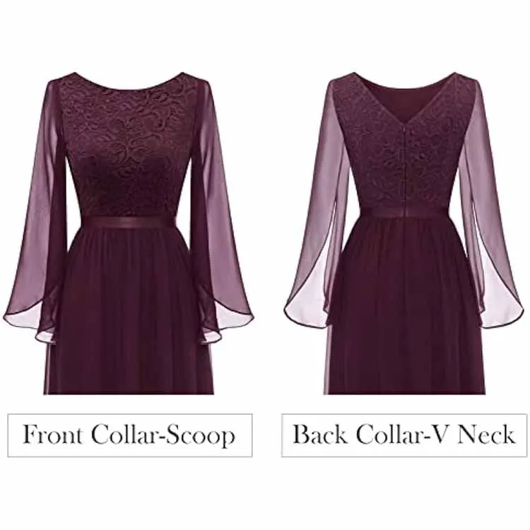 Long Sleeves Chiffon and Lace Bridemaid Dress Evening Long Collar-scoop Prom Dress