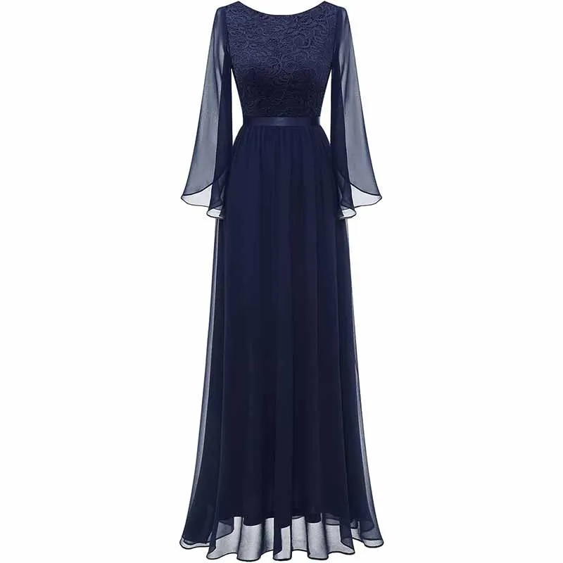 Long Sleeves Chiffon and Lace Bridemaid Dress Evening Long Collar-scoop Prom Dress