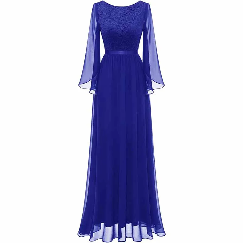 Long Sleeves Chiffon and Lace Bridemaid Dress Evening Long Collar-scoop Prom Dress