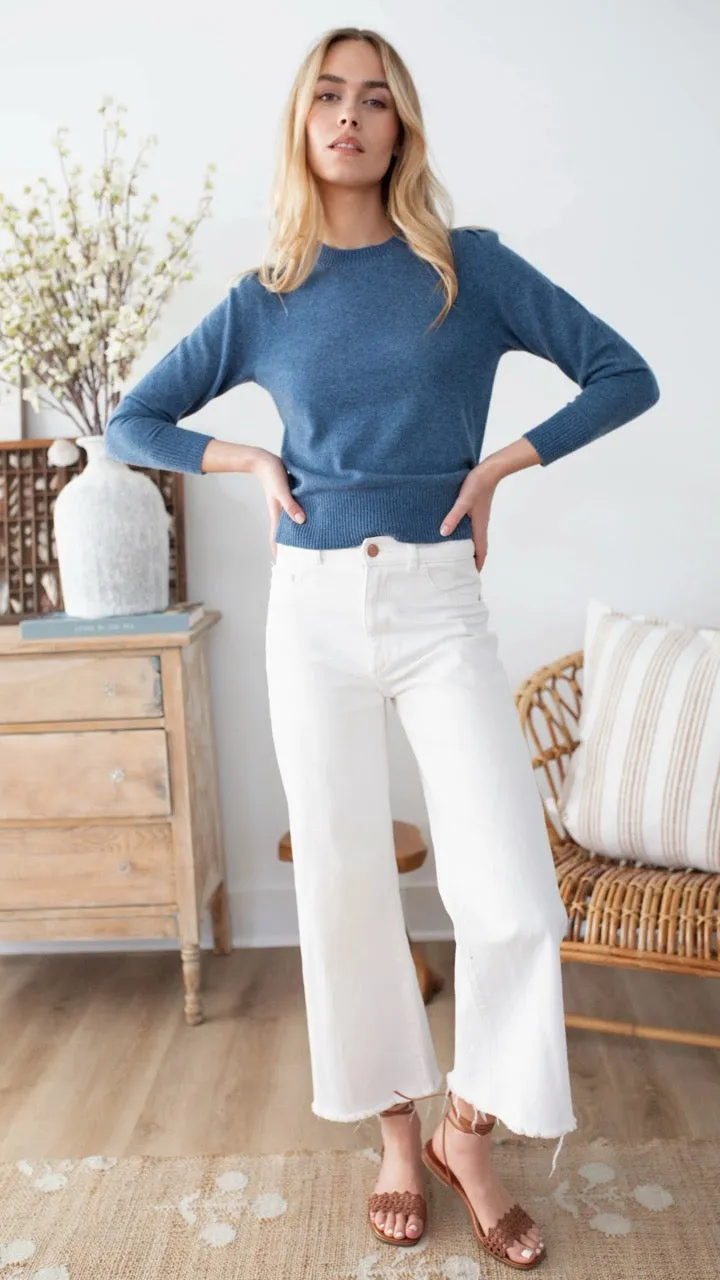 Marea Cashmere Puff Sleeve Crewneck Sweater – Indigo | 100% Fine Gauge Cashmere