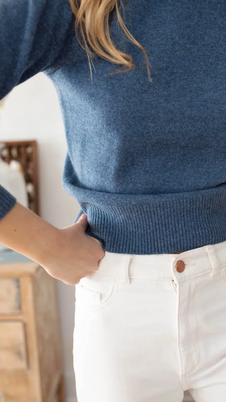 Marea Cashmere Puff Sleeve Crewneck Sweater – Indigo | 100% Fine Gauge Cashmere