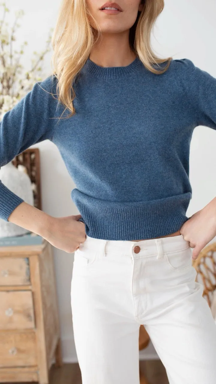 Marea Cashmere Puff Sleeve Crewneck Sweater – Indigo | 100% Fine Gauge Cashmere