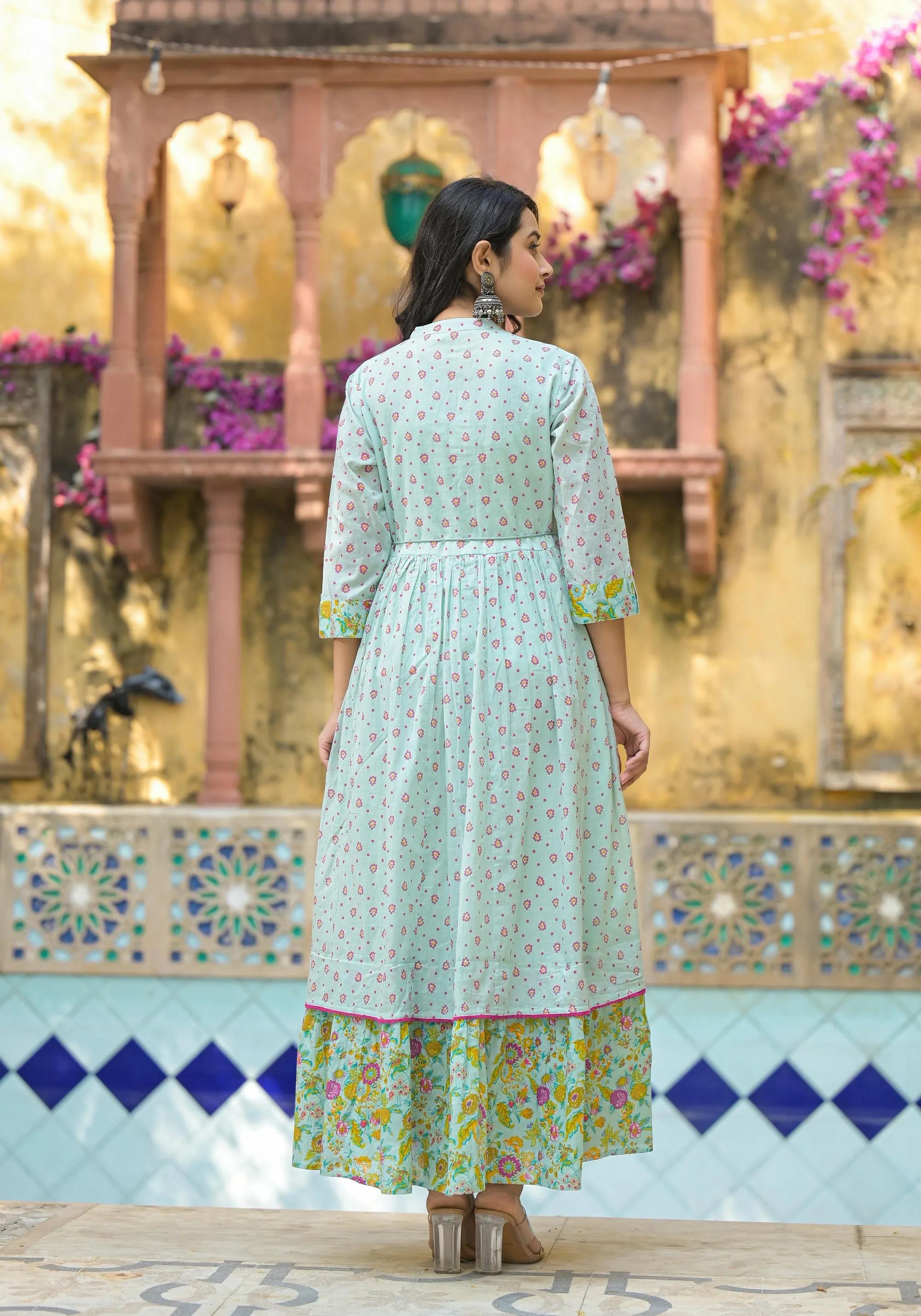 Mint Green Floral Long Dress With Dupatta
