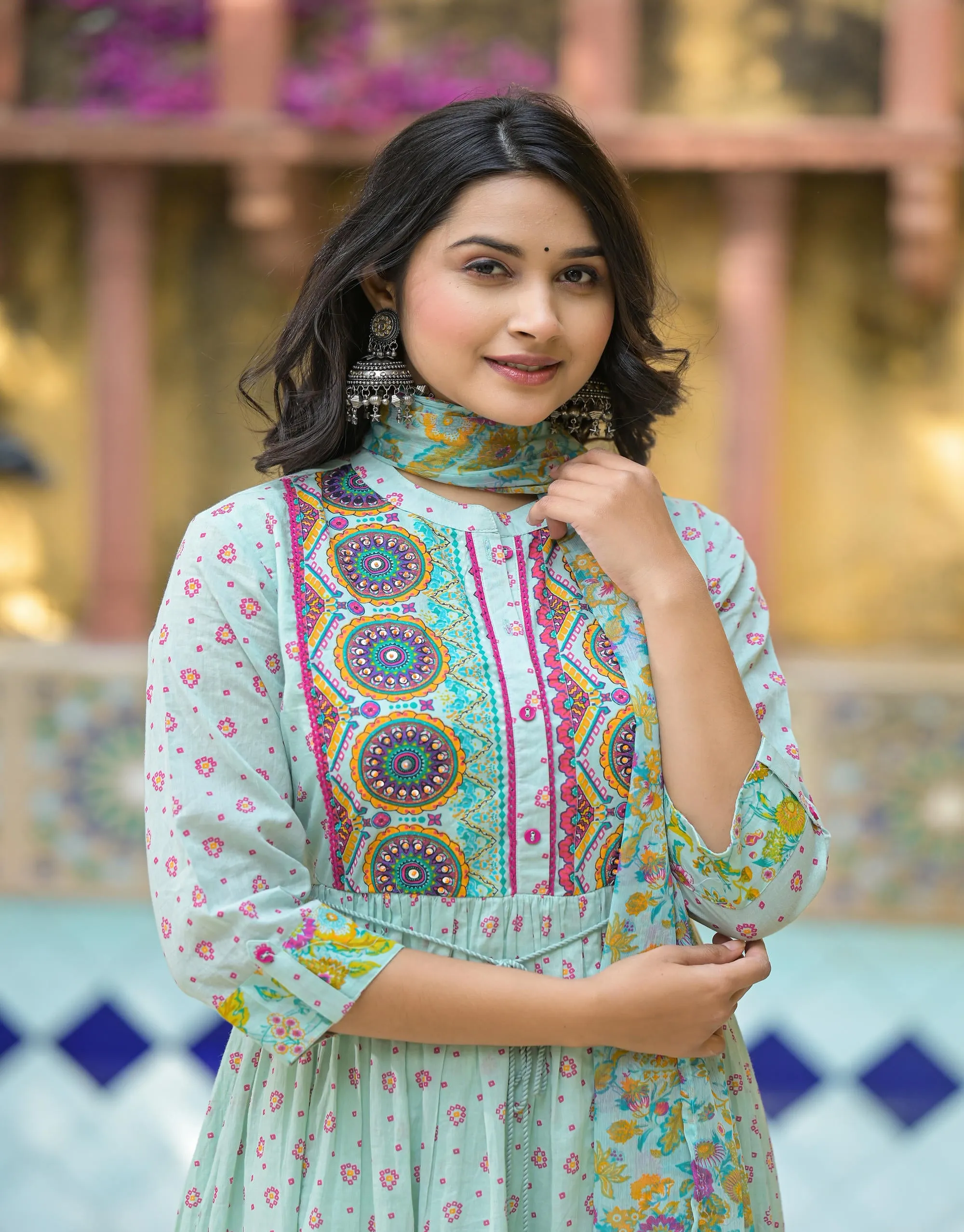 Mint Green Floral Long Dress With Dupatta
