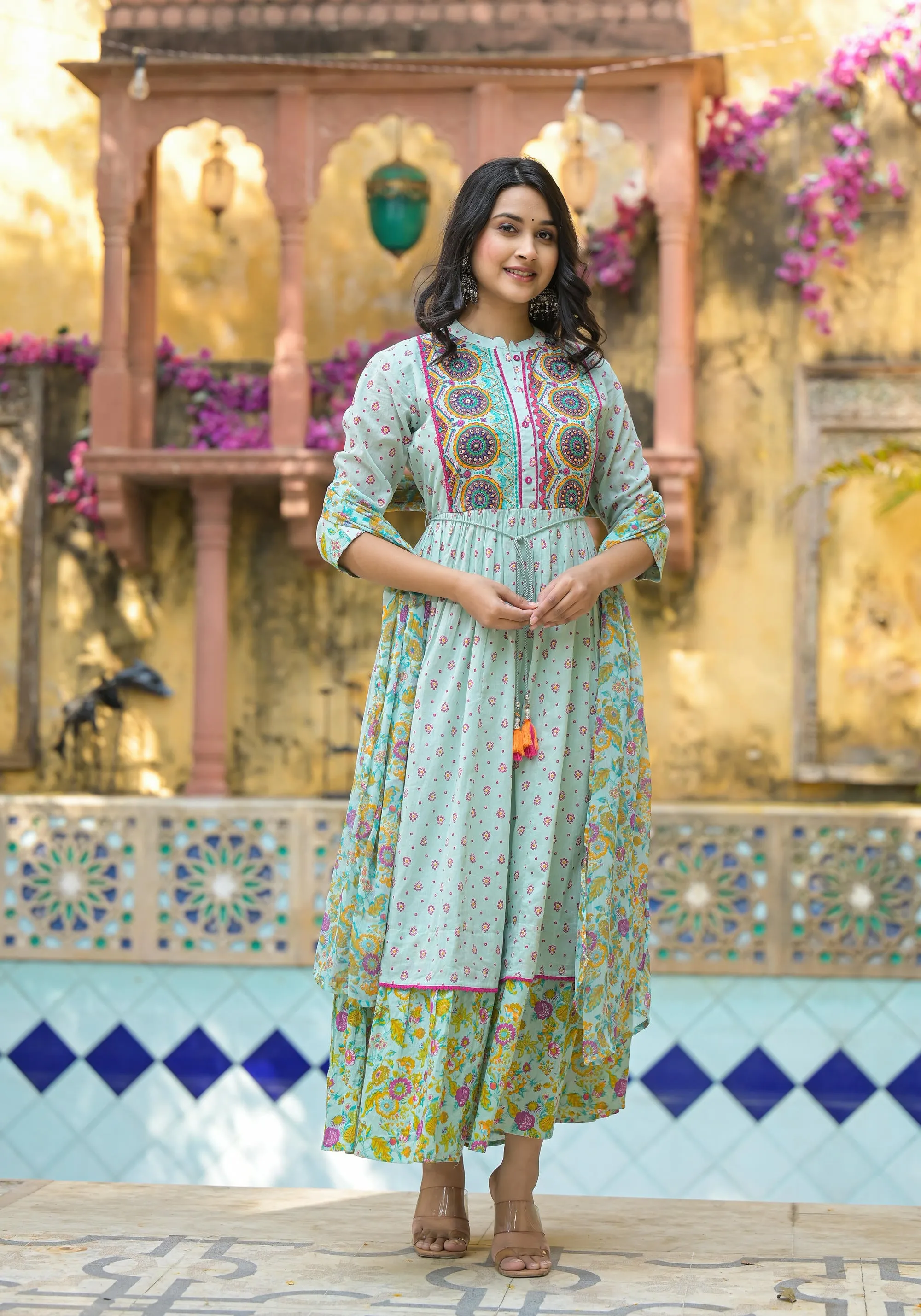 Mint Green Floral Long Dress With Dupatta