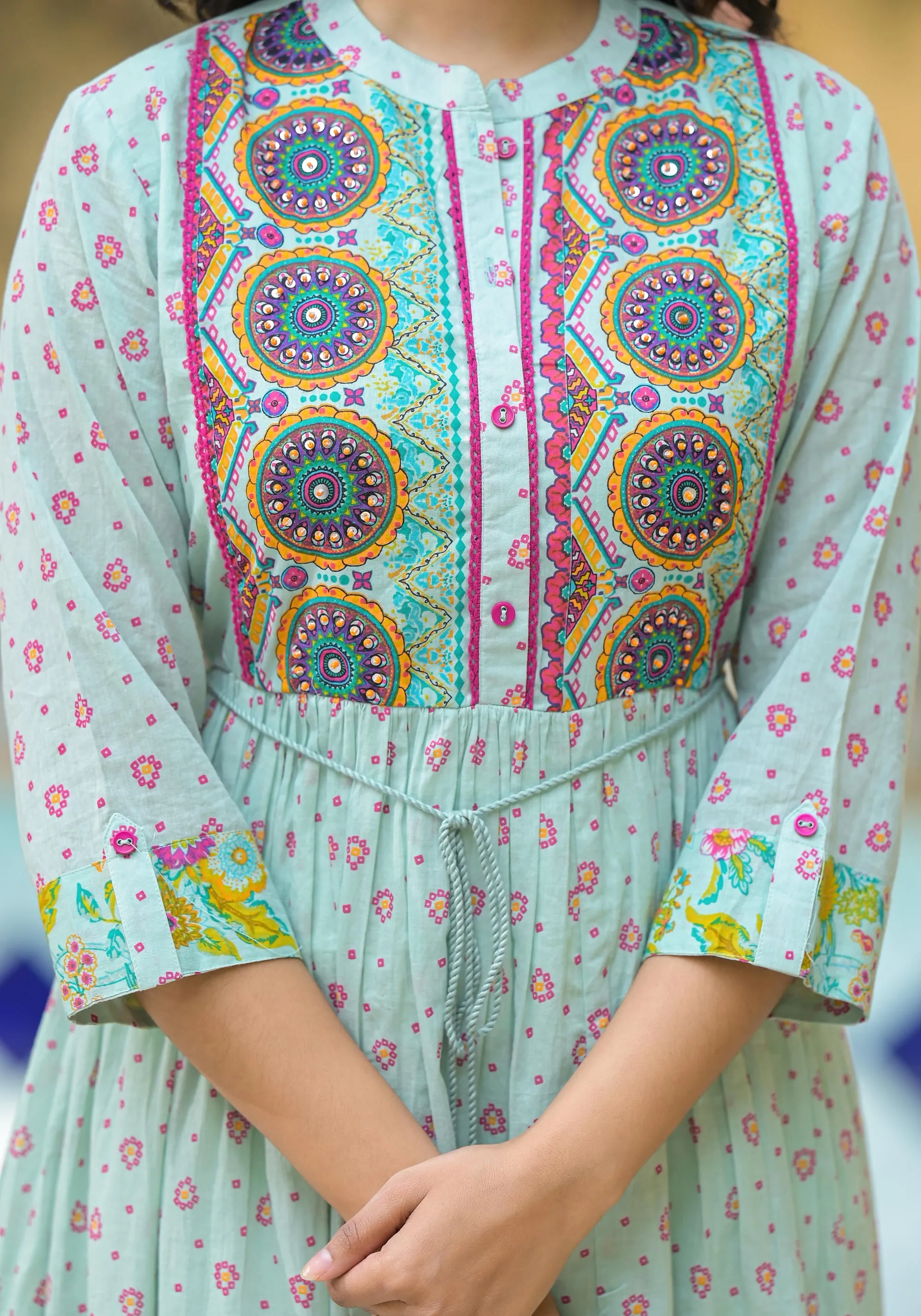 Mint Green Floral Long Dress With Dupatta