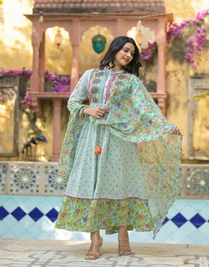 Mint Green Floral Long Dress With Dupatta