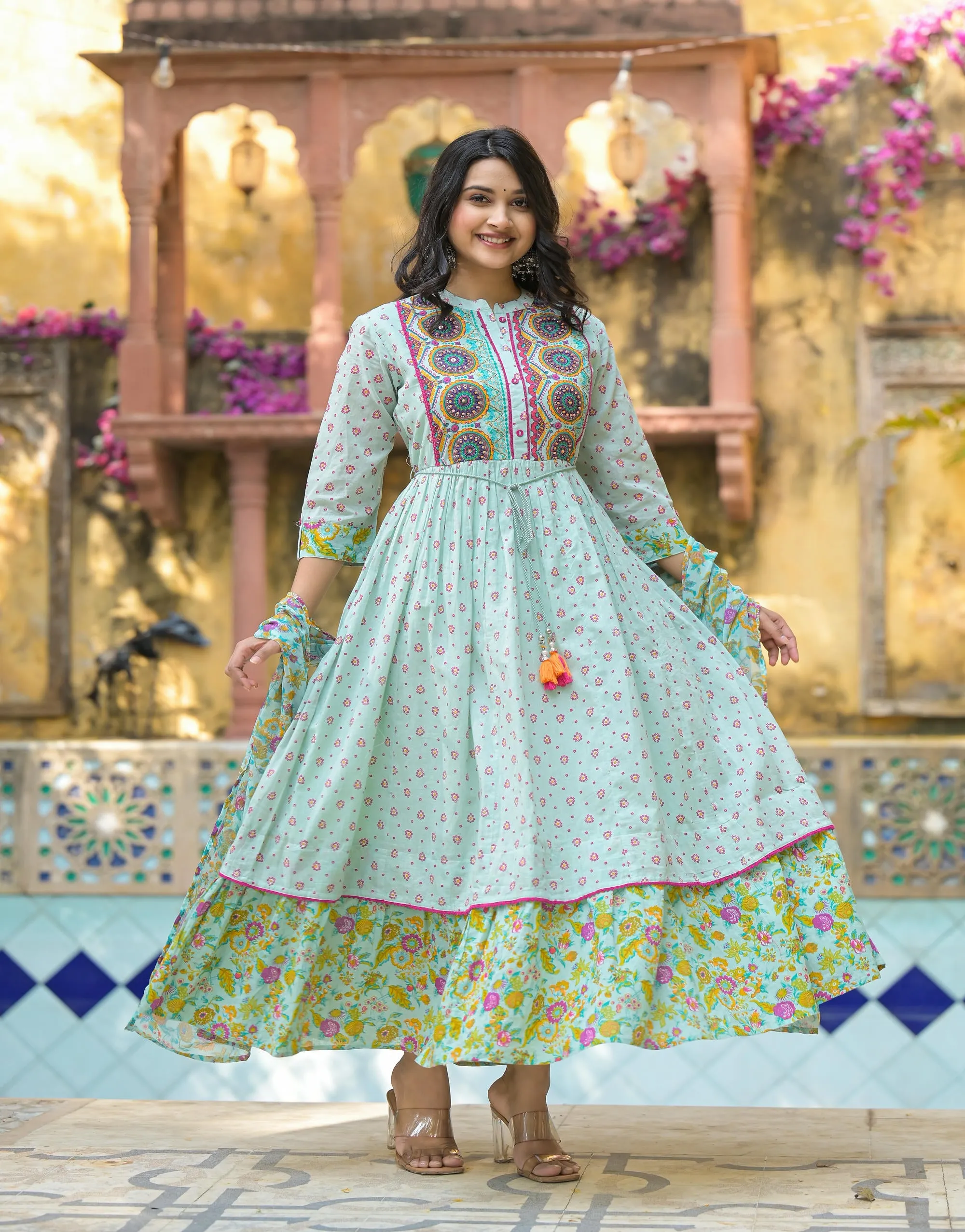 Mint Green Floral Long Dress With Dupatta