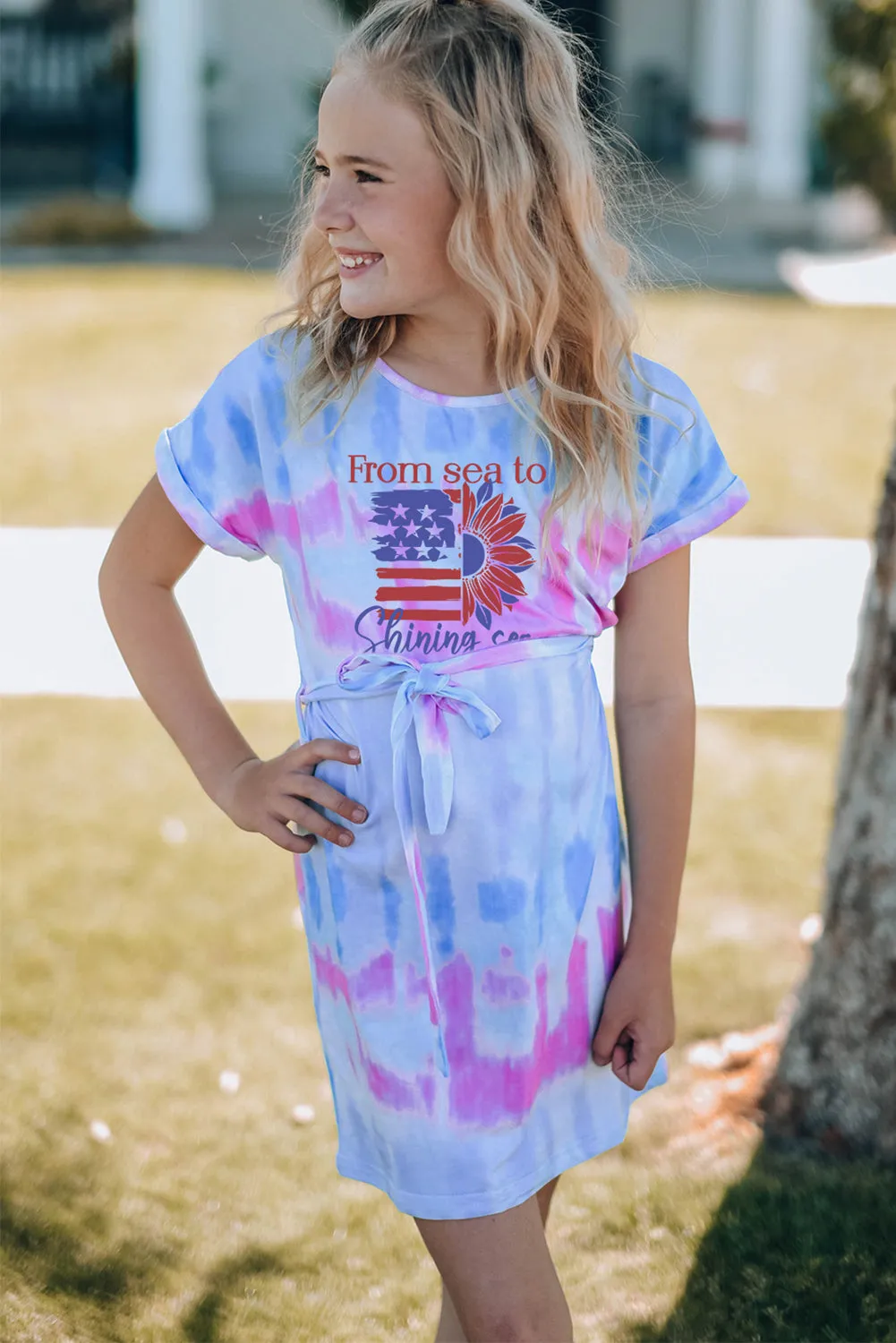 Multicolor American Flag Sunflower Tie Dye Print Girl's Mini Dress