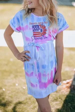 Multicolor American Flag Sunflower Tie Dye Print Girl's Mini Dress