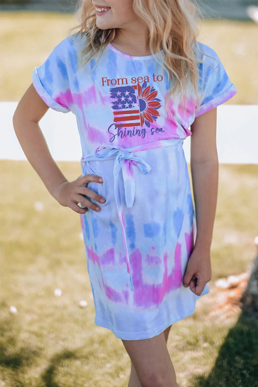 Multicolor American Flag Sunflower Tie Dye Print Girl's Mini Dress
