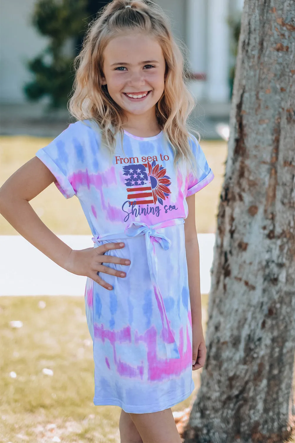 Multicolor American Flag Sunflower Tie Dye Print Girl's Mini Dress