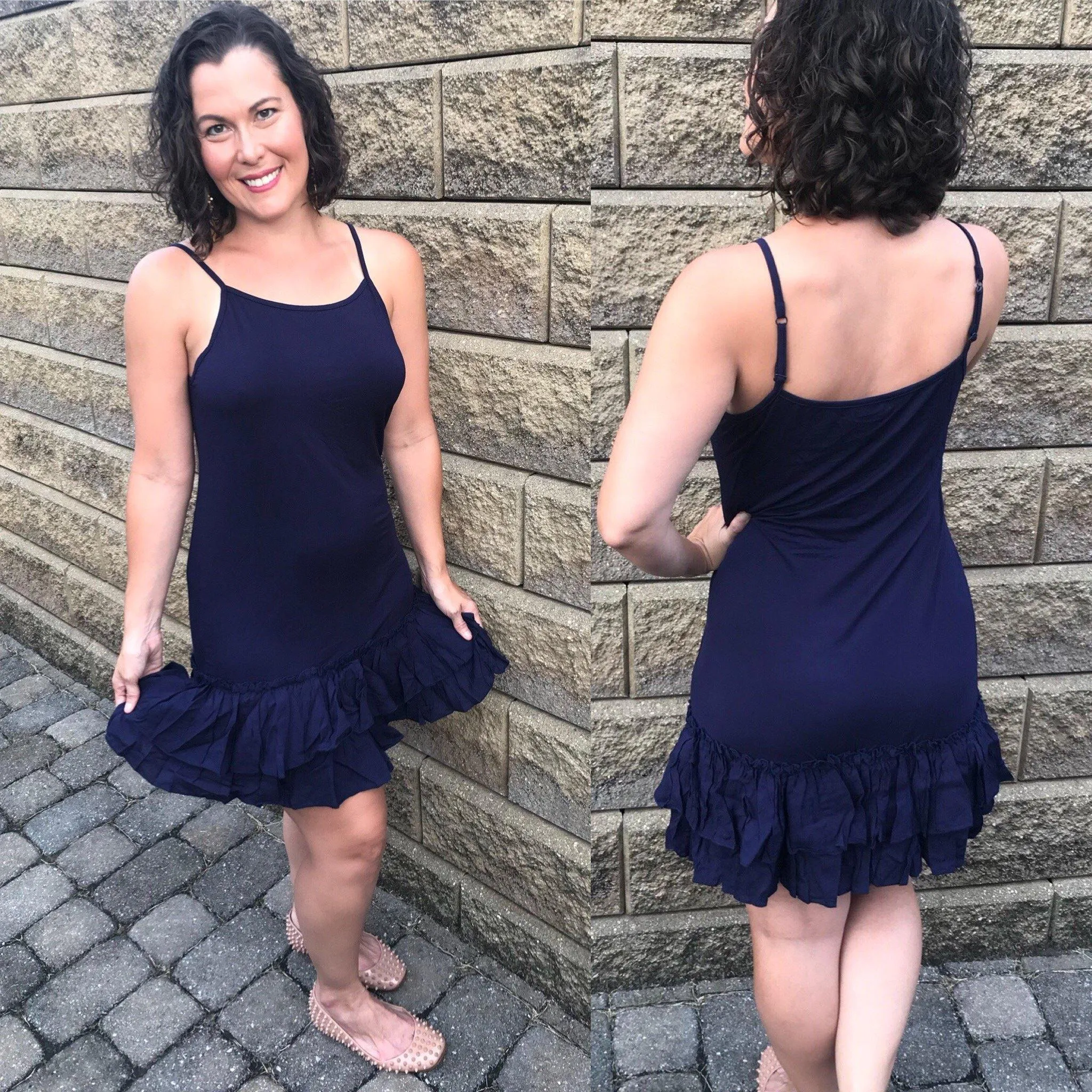 Navy Blue Double Ruffle Dress Extender Layering Slip