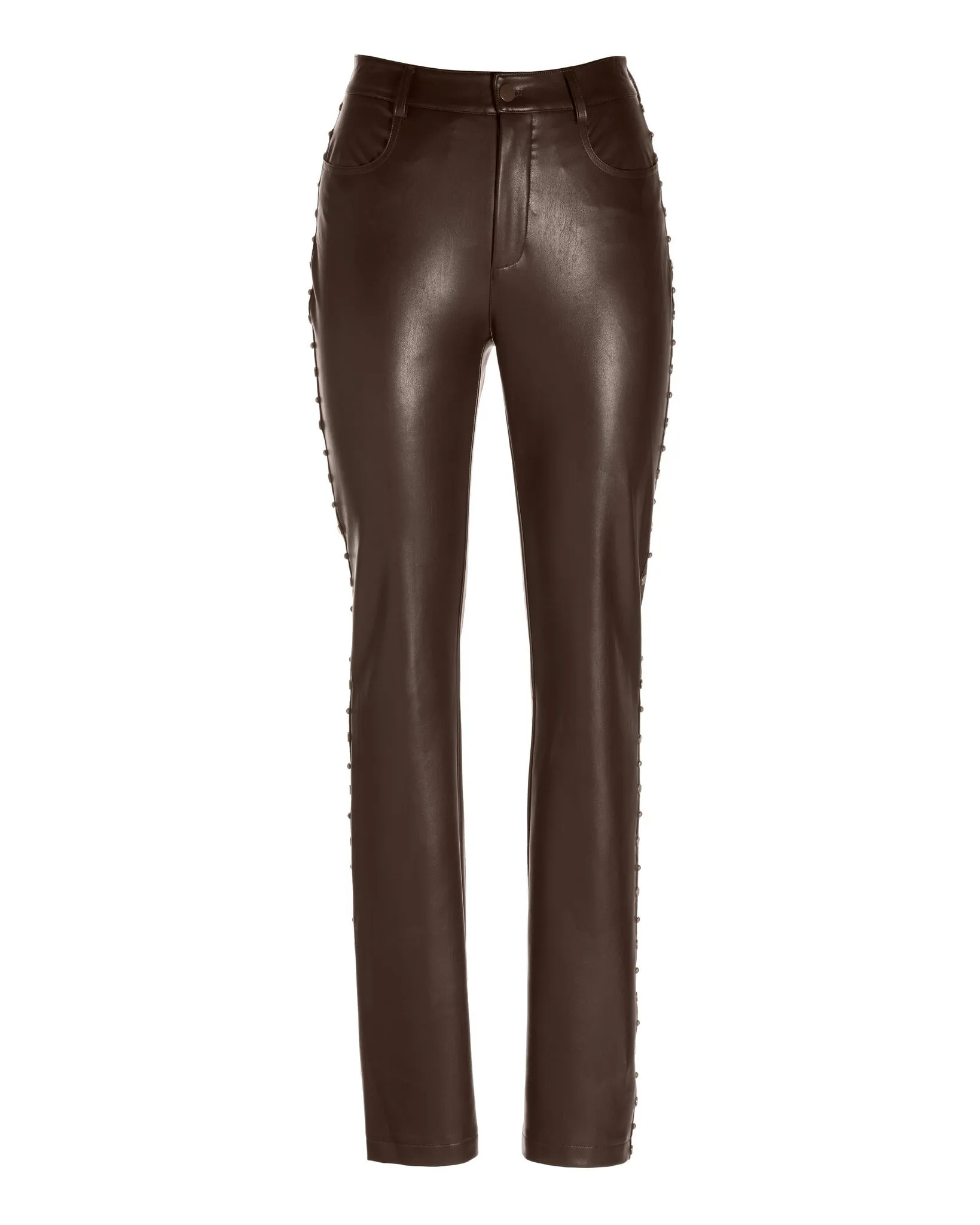 Newport Studded Faux Leather Five Pocket Slim Straight Pant Chocolate/Brass