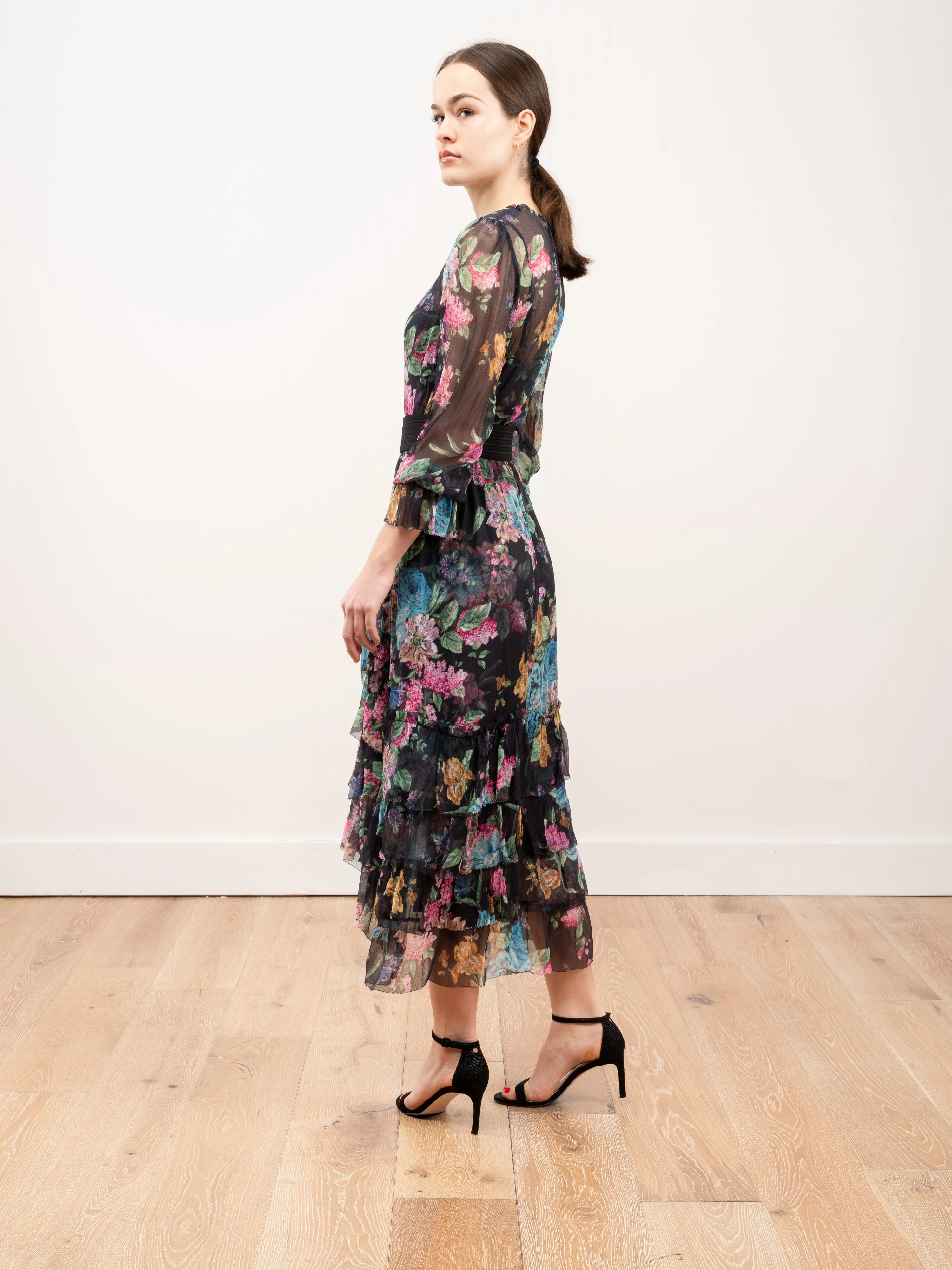 ninety-six chevron frill dress - black blossom