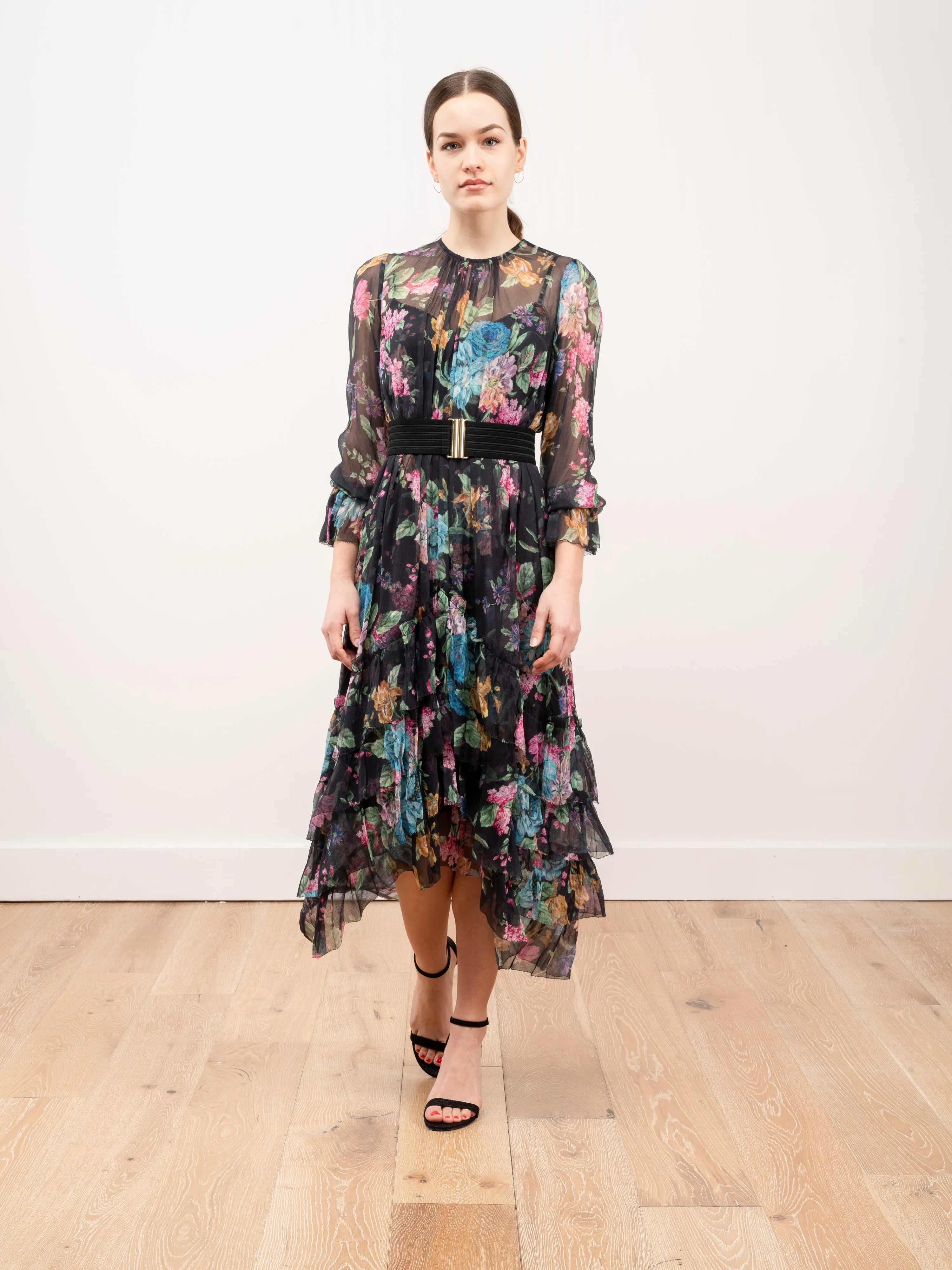 ninety-six chevron frill dress - black blossom