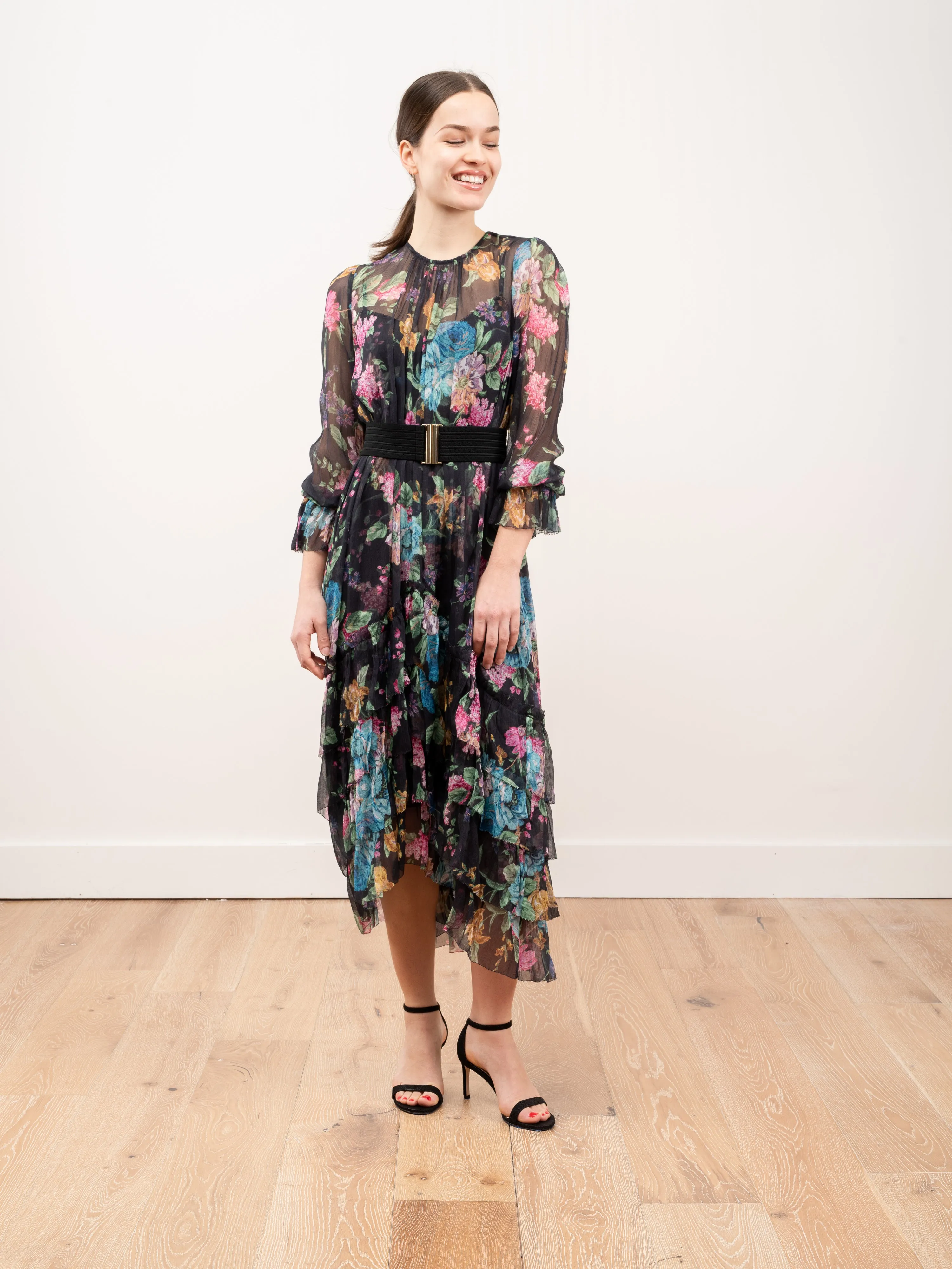 ninety-six chevron frill dress - black blossom