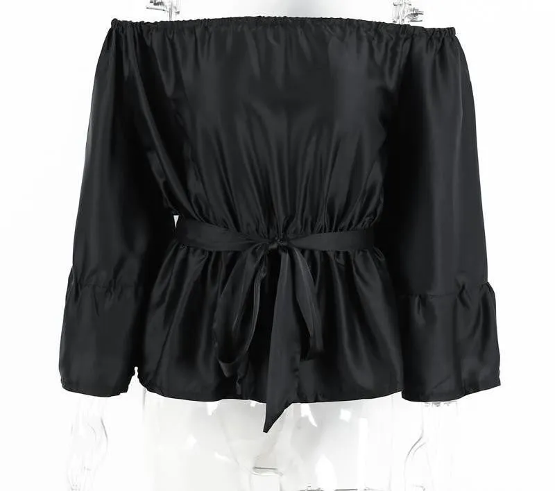 off shoulder ruffle satin blouse shirt Soft flare sleeve bow tops Elegant glossy pink women blouses