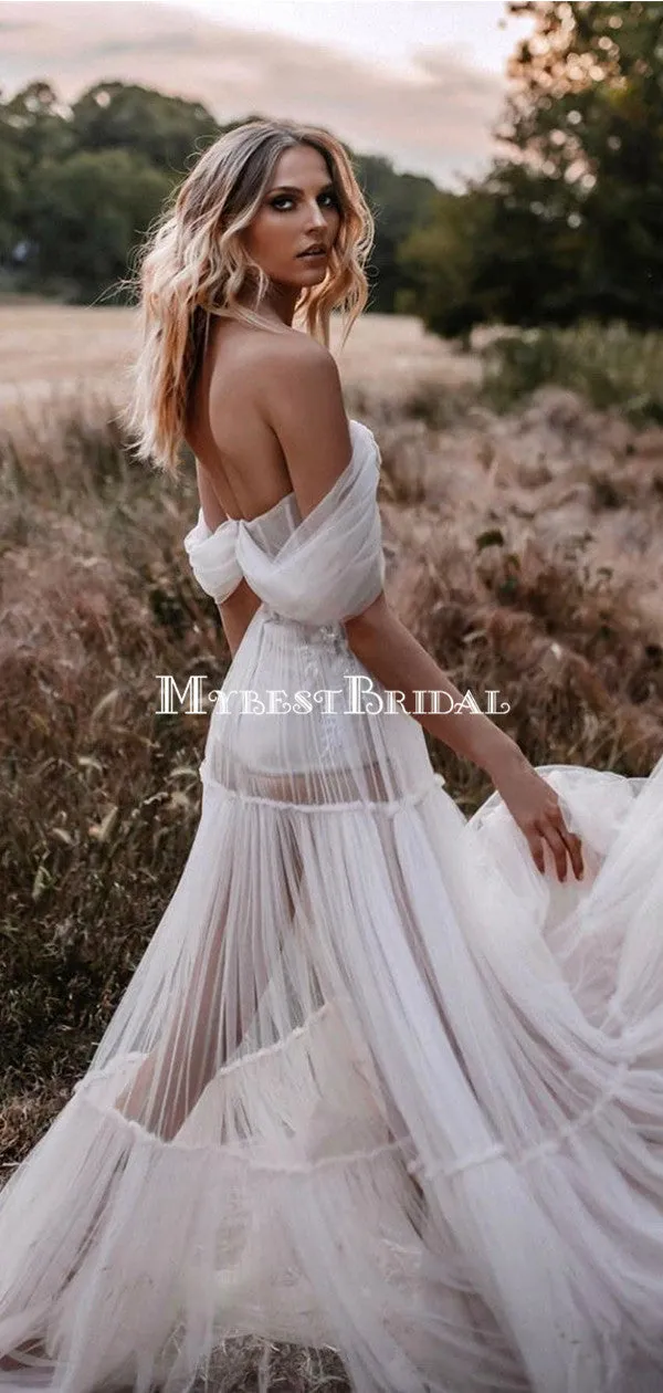 Off-The-Shoulder Tulle A-line Long Cheap Wedding Dresses, WDS0058