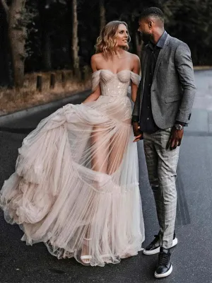 Off-The-Shoulder Tulle A-line Long Cheap Wedding Dresses, WDS0058