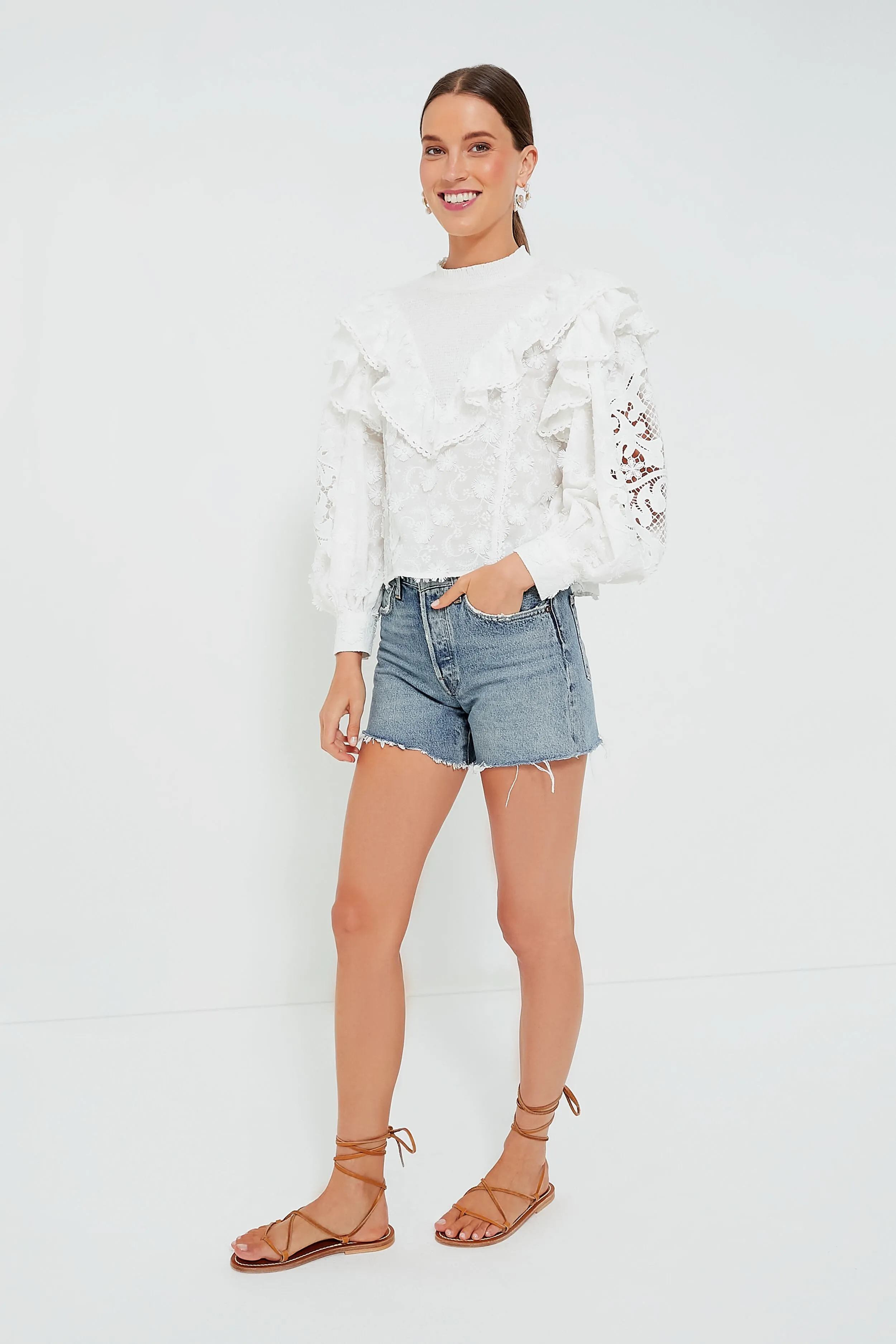 Off White Smocked Yoke 3D Flower Blouse