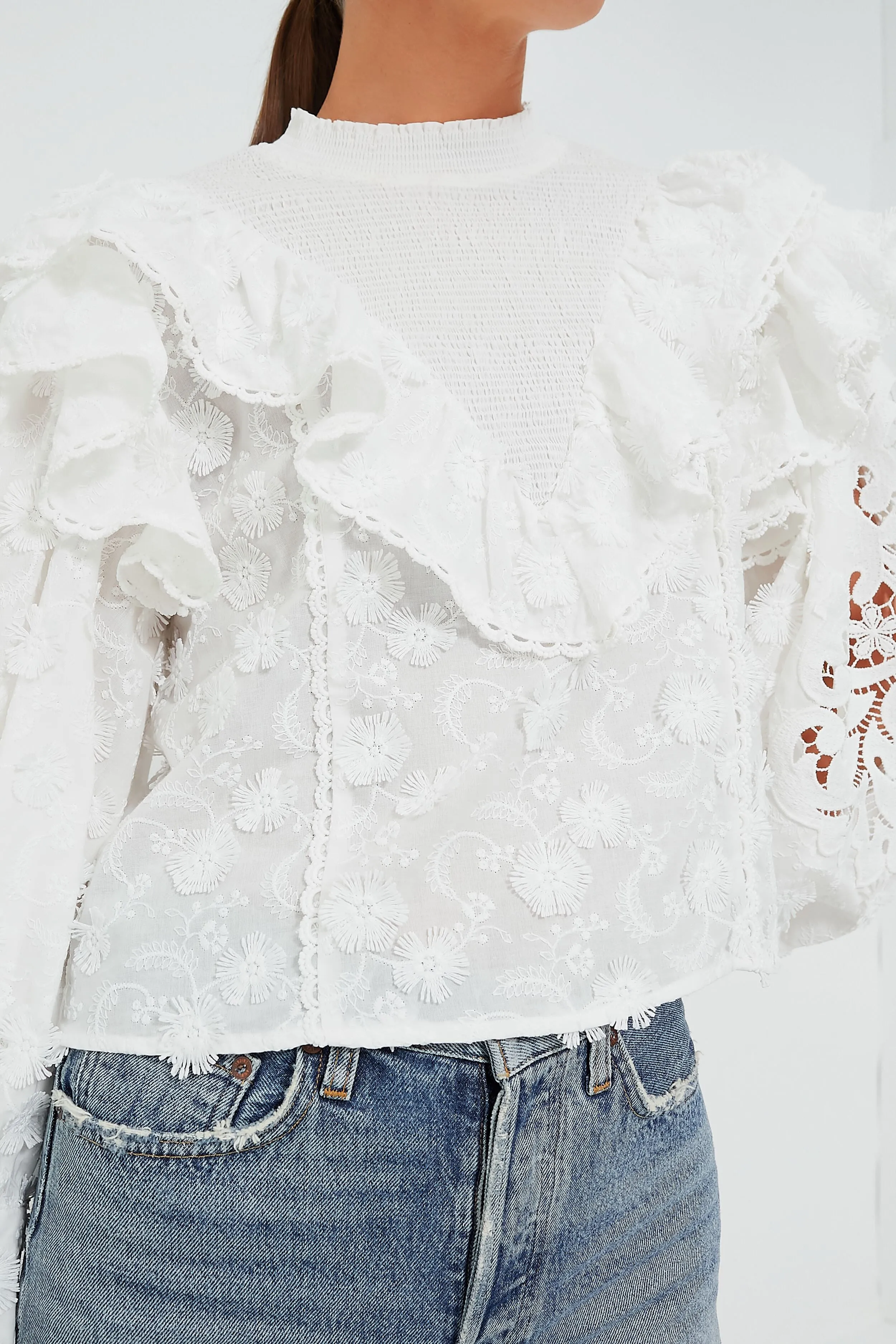 Off White Smocked Yoke 3D Flower Blouse