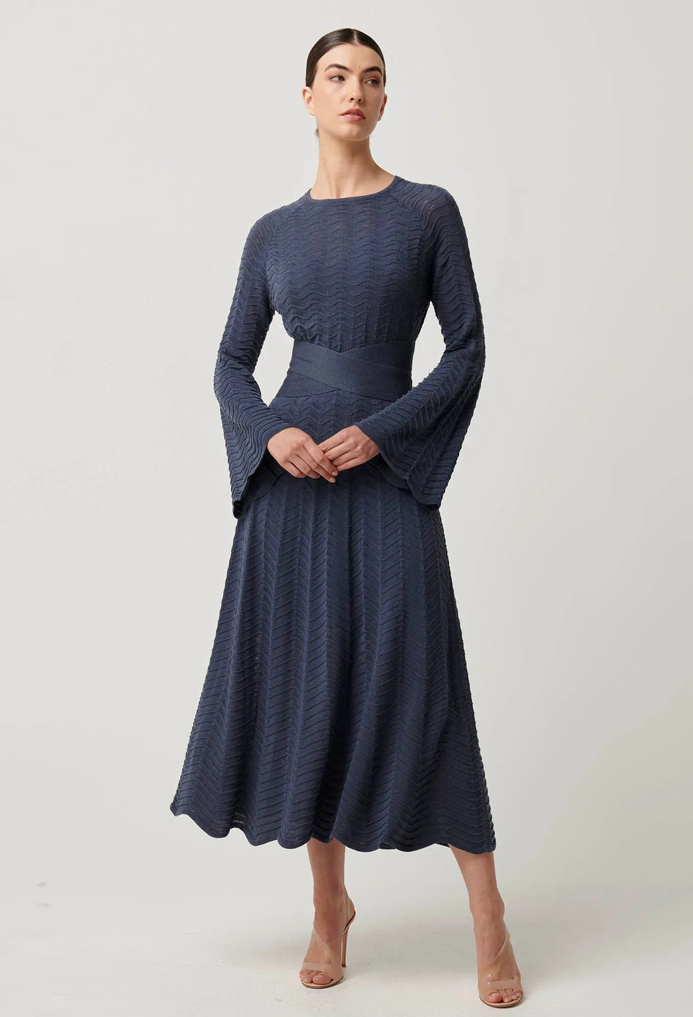 Once Was - Everett Cotton Lyocell Wave Knit Midi Dress in Bluestone