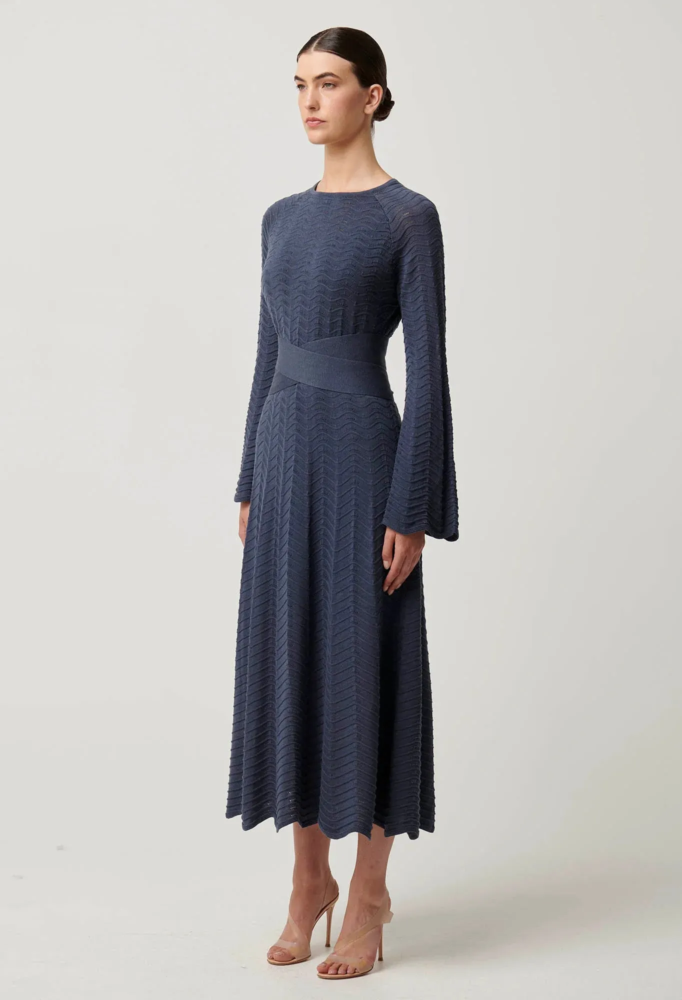 Once Was - Everett Cotton Lyocell Wave Knit Midi Dress in Bluestone