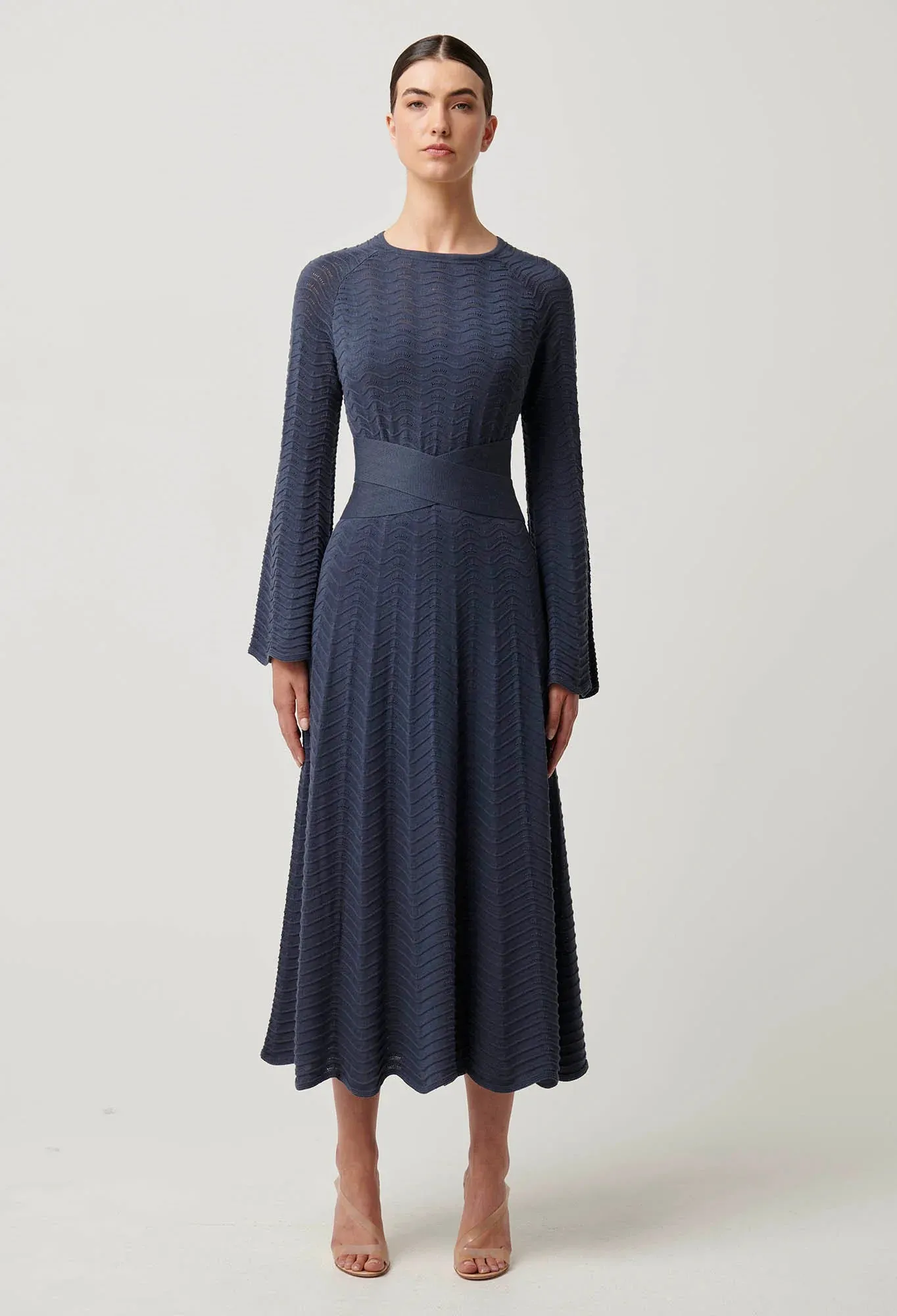 Once Was - Everett Cotton Lyocell Wave Knit Midi Dress in Bluestone