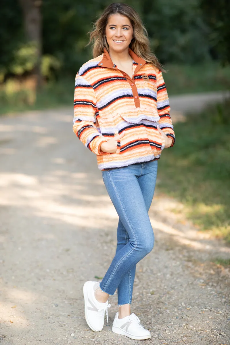 Orange Multicolor Stripe 1/4 Snap Pullover