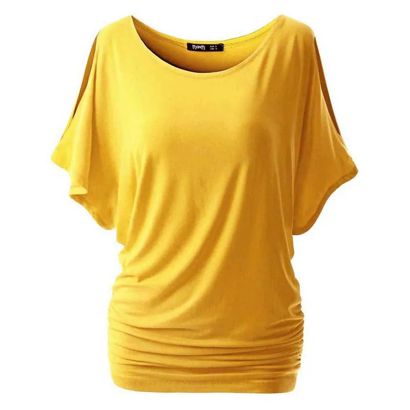 Plus size Fall Women Loose Casual Solid Cotton Blend Halft Sleeve Crewneck Cut Out Off Shoulder Top NW