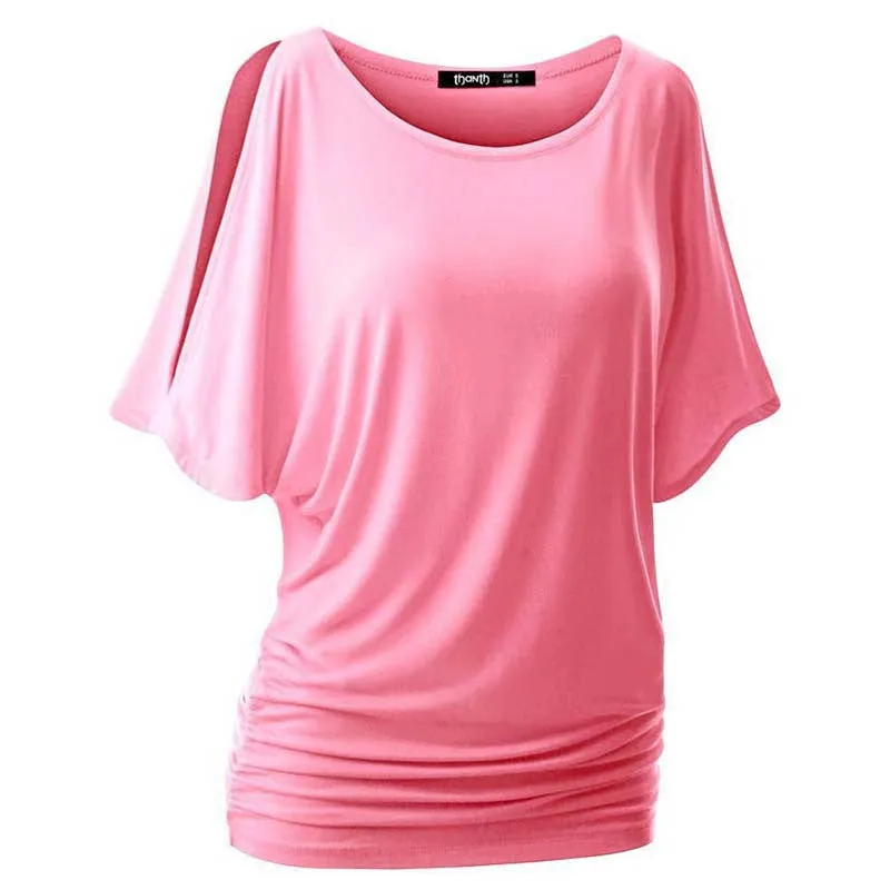 Plus size Fall Women Loose Casual Solid Cotton Blend Halft Sleeve Crewneck Cut Out Off Shoulder Top NW