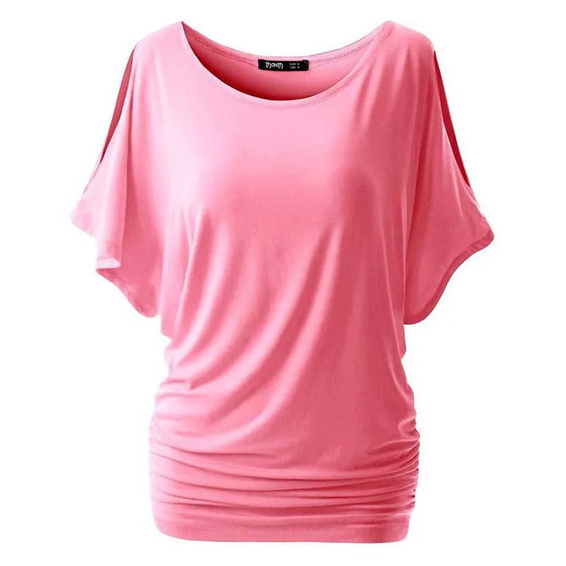 Plus size Fall Women Loose Casual Solid Cotton Blend Halft Sleeve Crewneck Cut Out Off Shoulder Top NW
