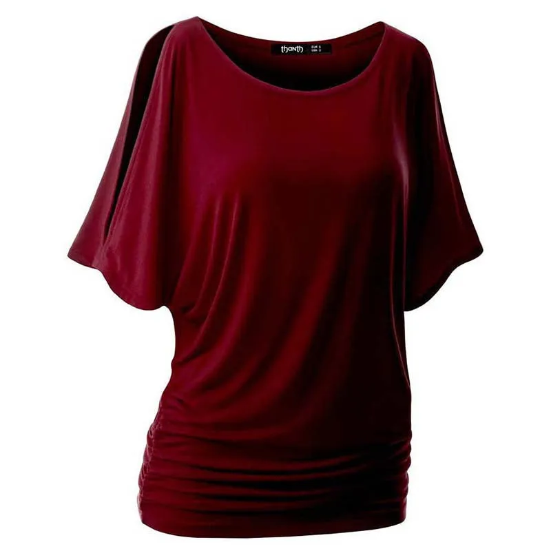 Plus size Fall Women Loose Casual Solid Cotton Blend Halft Sleeve Crewneck Cut Out Off Shoulder Top NW