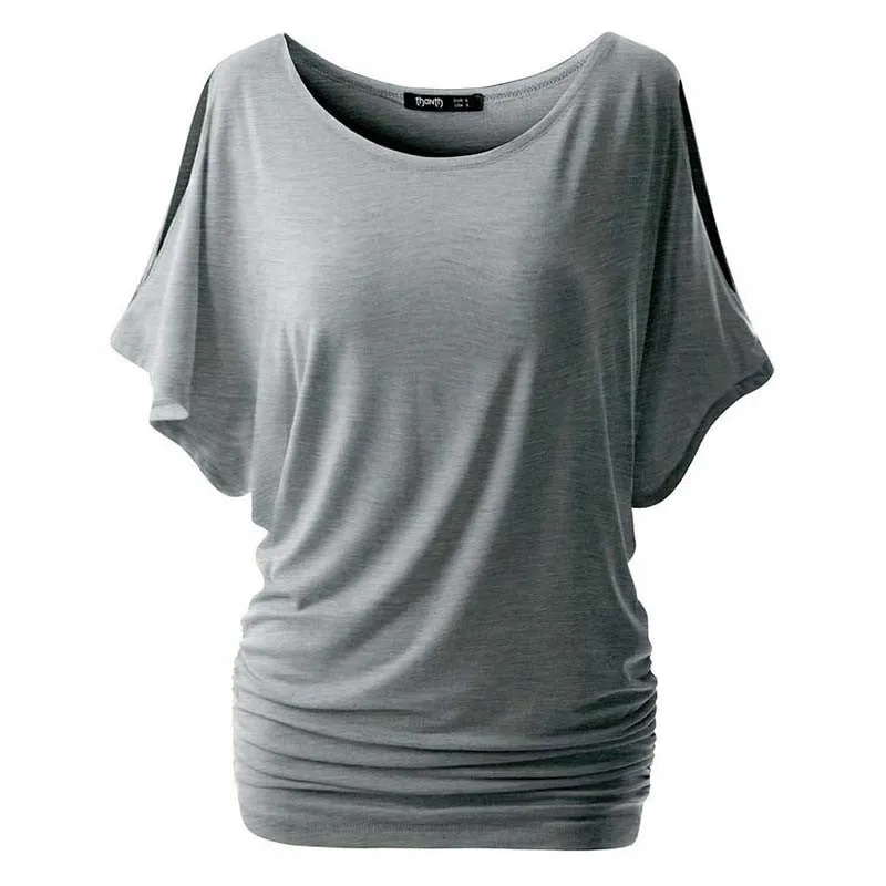 Plus size Fall Women Loose Casual Solid Cotton Blend Halft Sleeve Crewneck Cut Out Off Shoulder Top NW